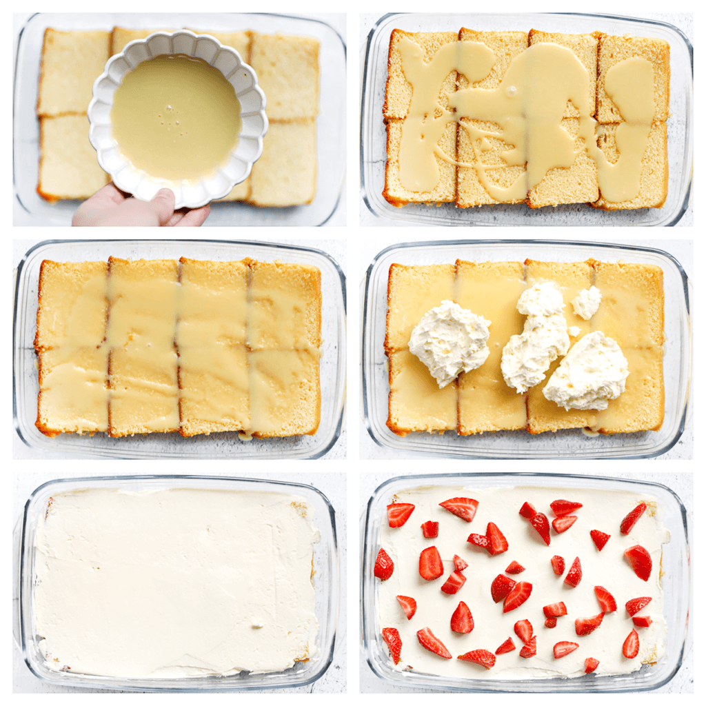 Verdeel de plakjes boerencake over de bodem van een schaal. Giet 100 gr ganache erover en smeer het gelijkmatig uit over de cakelaag. Schep de helft van de room erover en strijk het glad. Verdeel vervolgens de helft van de aardbeien erover.