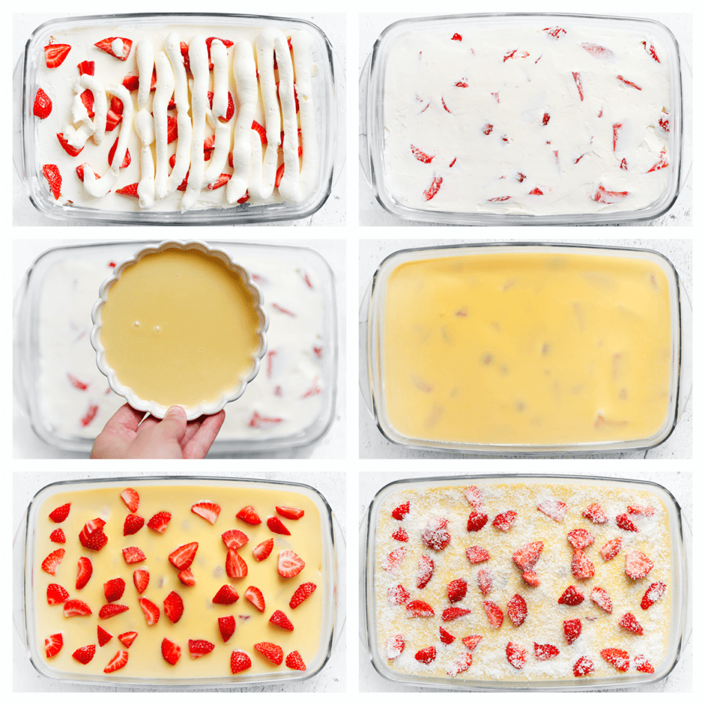 Voeg de overige room toe en strijk deze glad. Giet de witte ganache (300 gram) erover. Garneer met de aardbeien en strooi er wat geraspte kokos over.