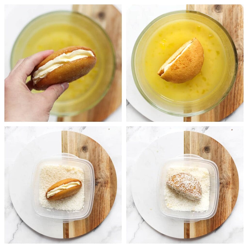 Dompel de gevulde eierkoek volledig onder in dit mengsel en bedek het vervolgens met geraspte kokos.