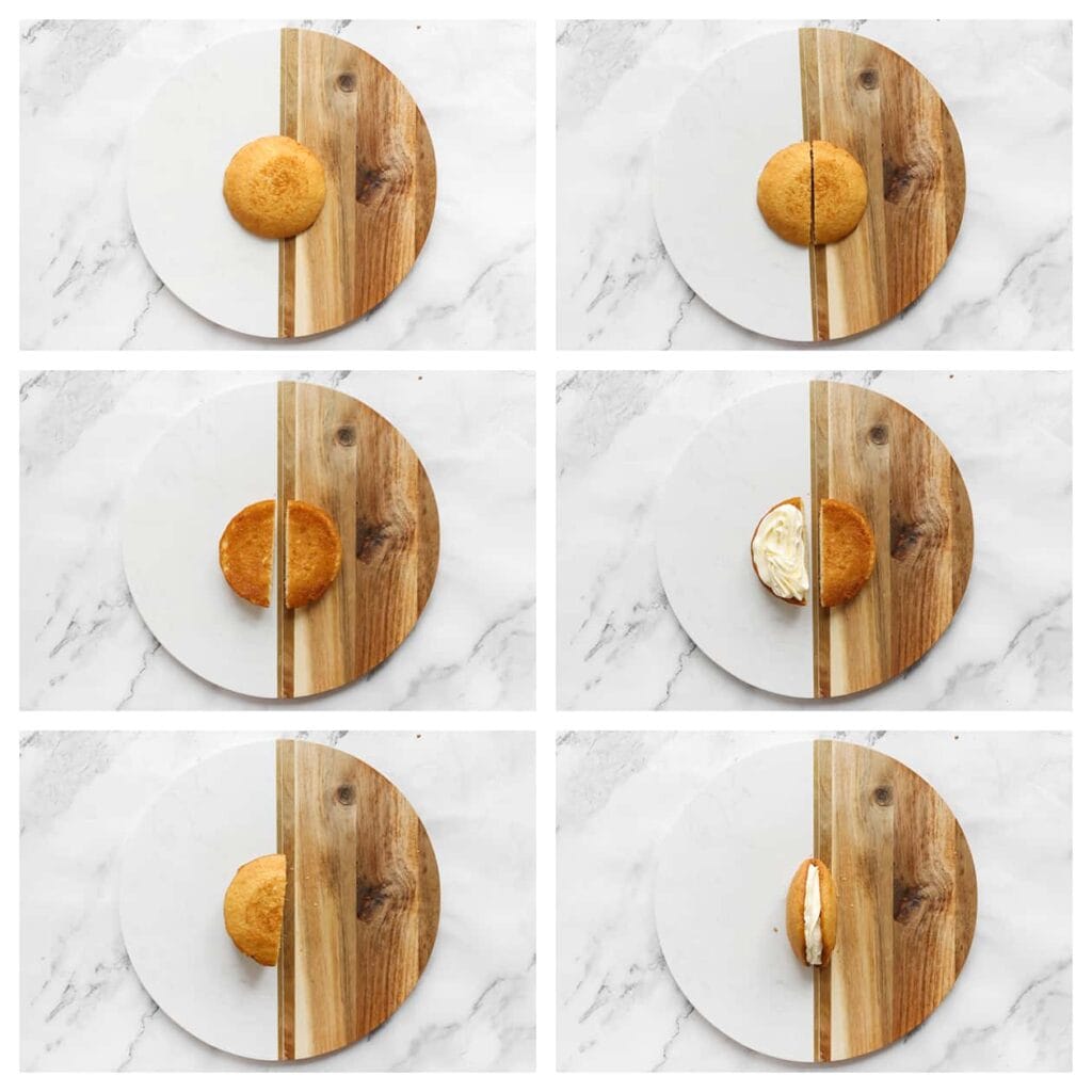 Snijd de eierkoeken doormidden. Spuit wat slagroom op een helft van de eierkoek en leg de andere helft er bovenop.