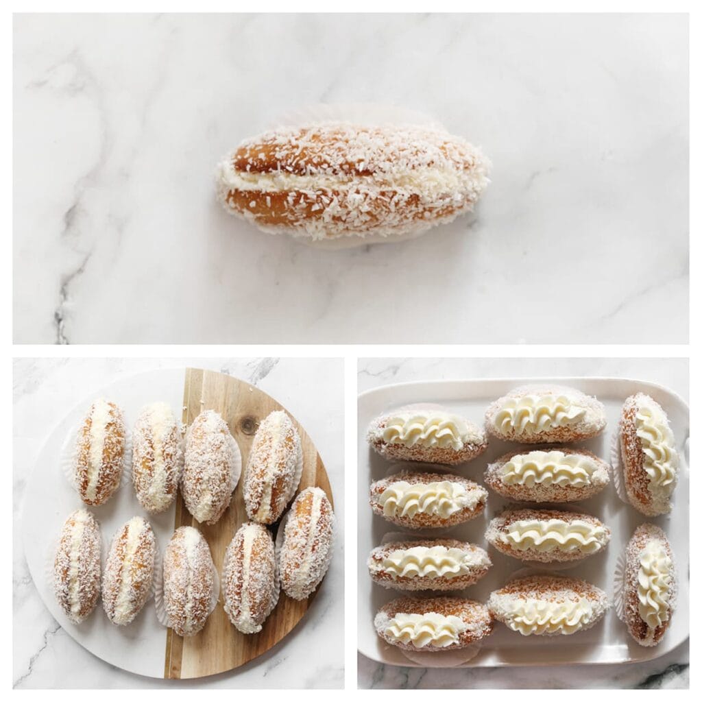 Leg het gebakje op een papiertje en spuit er een toefje room op.