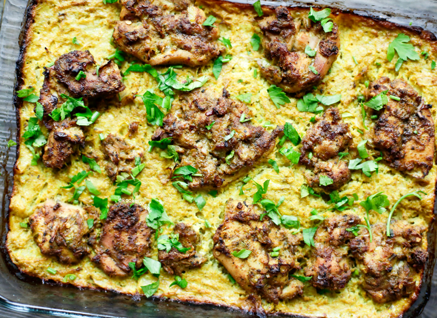 Bloemkoolschotel met kerrie-kippendijen