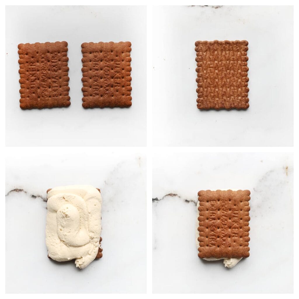 Smeer karamel op een koekje.
Spuit een toefje room erop.
Leg er een tweede koekje bovenop.