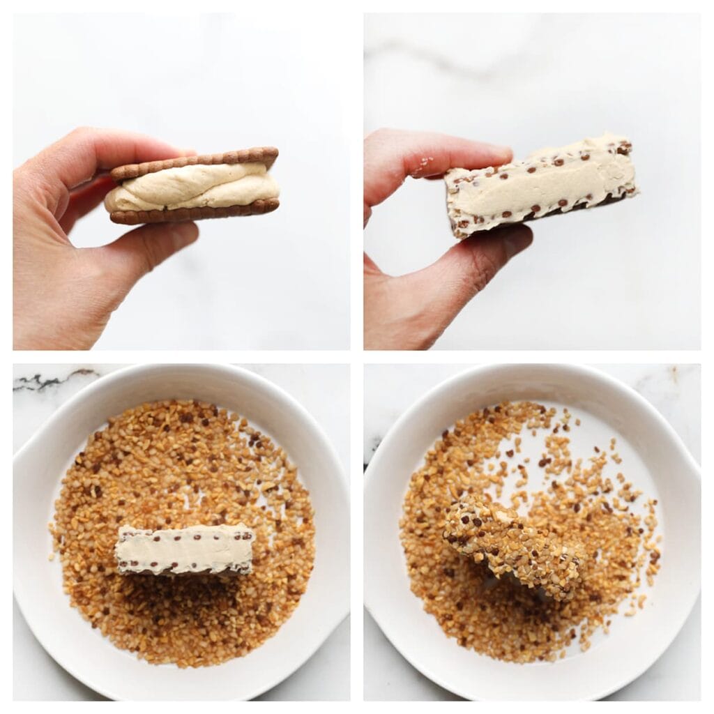 Smeer de zijkanten in met room. Dep de zijkanten in de nougatine en leg het gebakje op een papiertje.