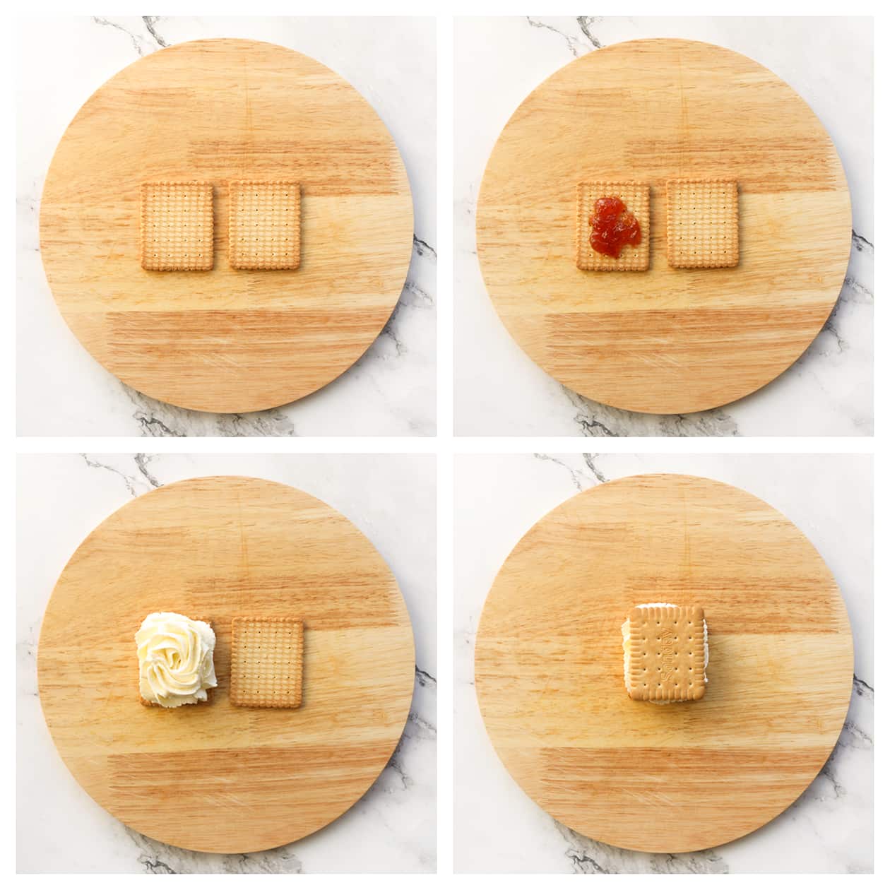Theebiscuit leggen op je werkoppervlak en vullen met jam en room