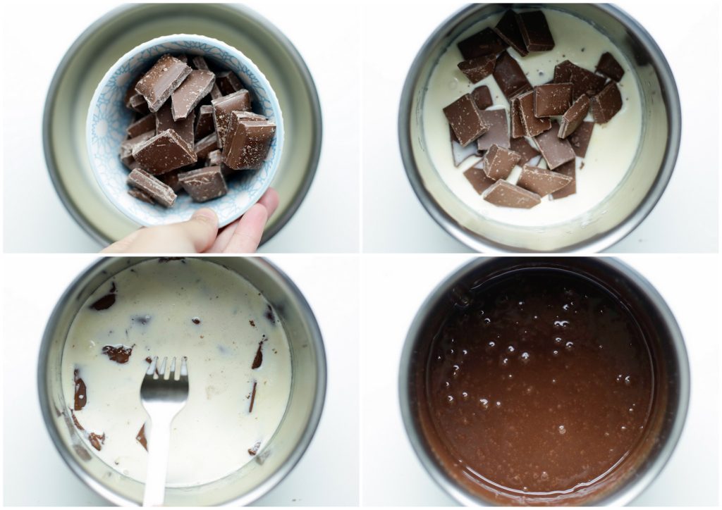 Breng de ongeklopte slagroom (125 ml) in een steelpan tot tegen de kook aan. Haal de steelpan van het vuur en voeg de stukgemaakte melkchocolade (200 gr) toe. Laat staan voor een minuut. Na een minuut roer je deze goed samen tot een gladde massa.