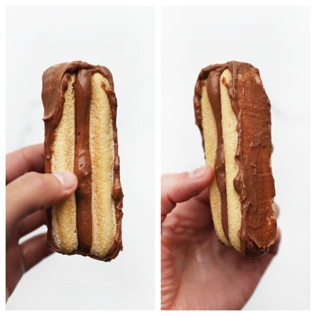 Besmeer de zijkanten van het gebakje met het apart gezette roommengsel.