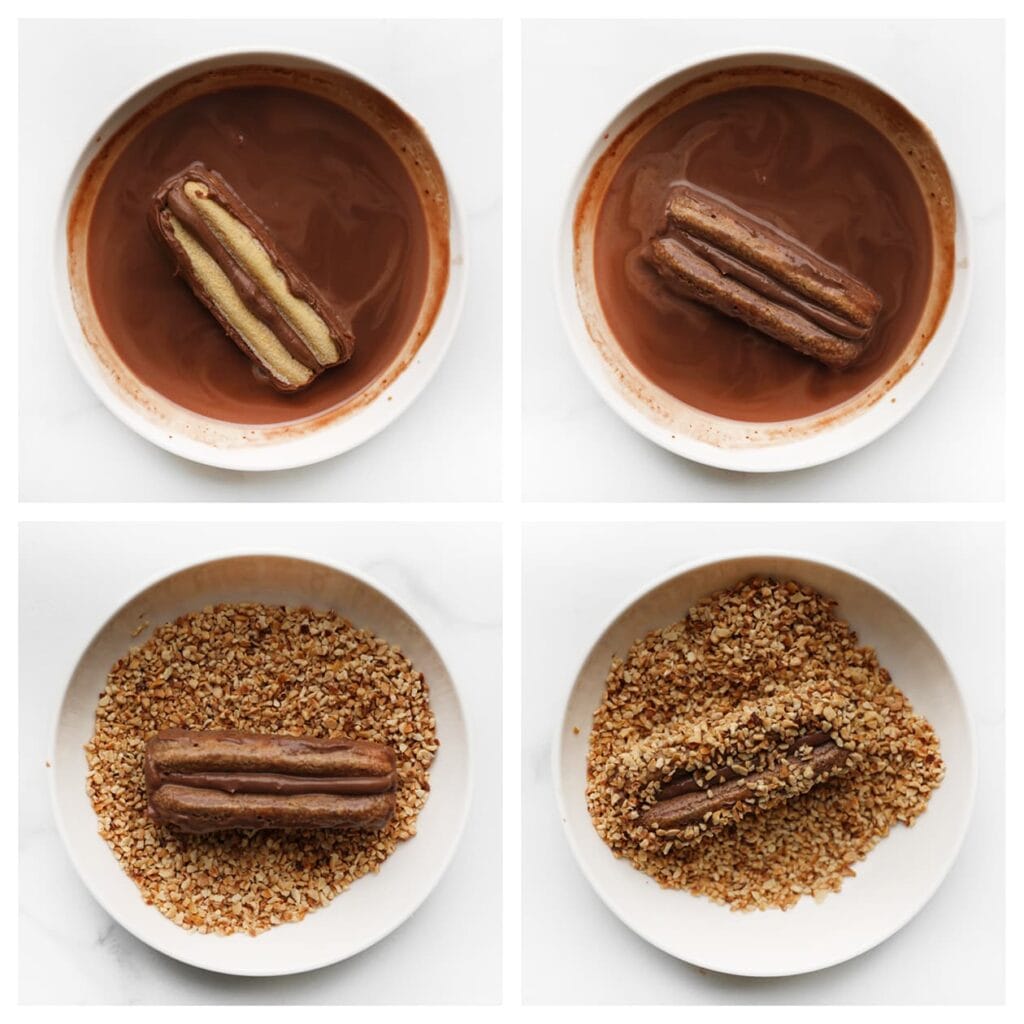 Dompel elk gebakje kort in het chocolademengsel. Druk de zijkanten vervolgens in de fijngehakte hazelnoten.