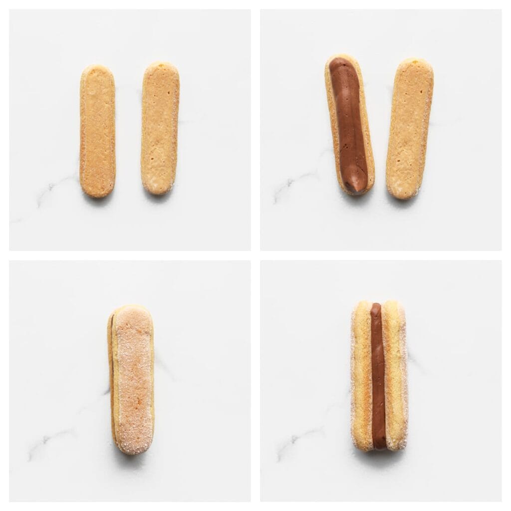 Neem een lange vinger en spuit er een toefje room op. Plaats een andere lange vinger erop en druk stevig aan.