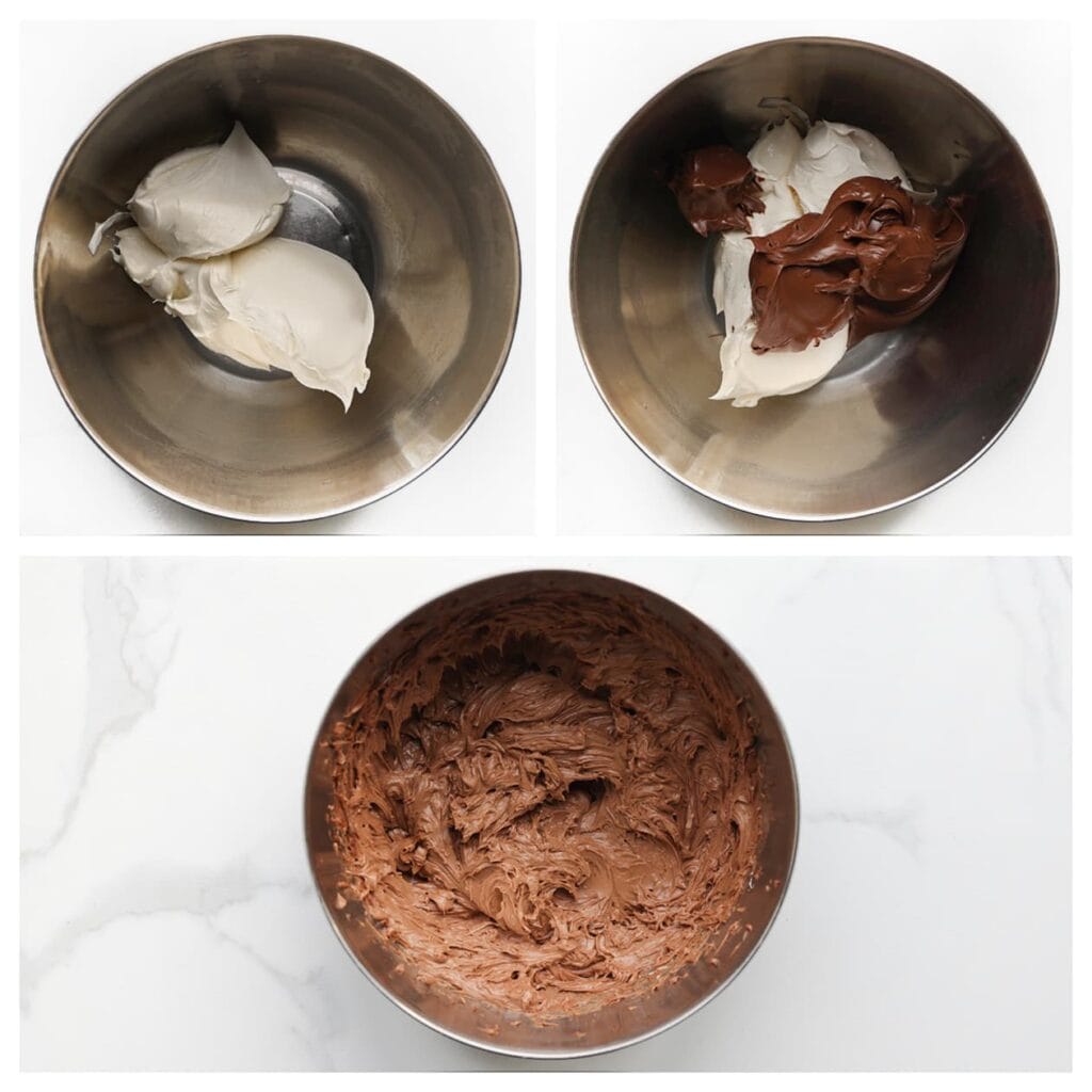 Mix de mascarpone, chocoladepasta en poedersuiker tot een gladde massa. Zet 40 g van het roommengsel apart en doe de rest in een spuitzak.