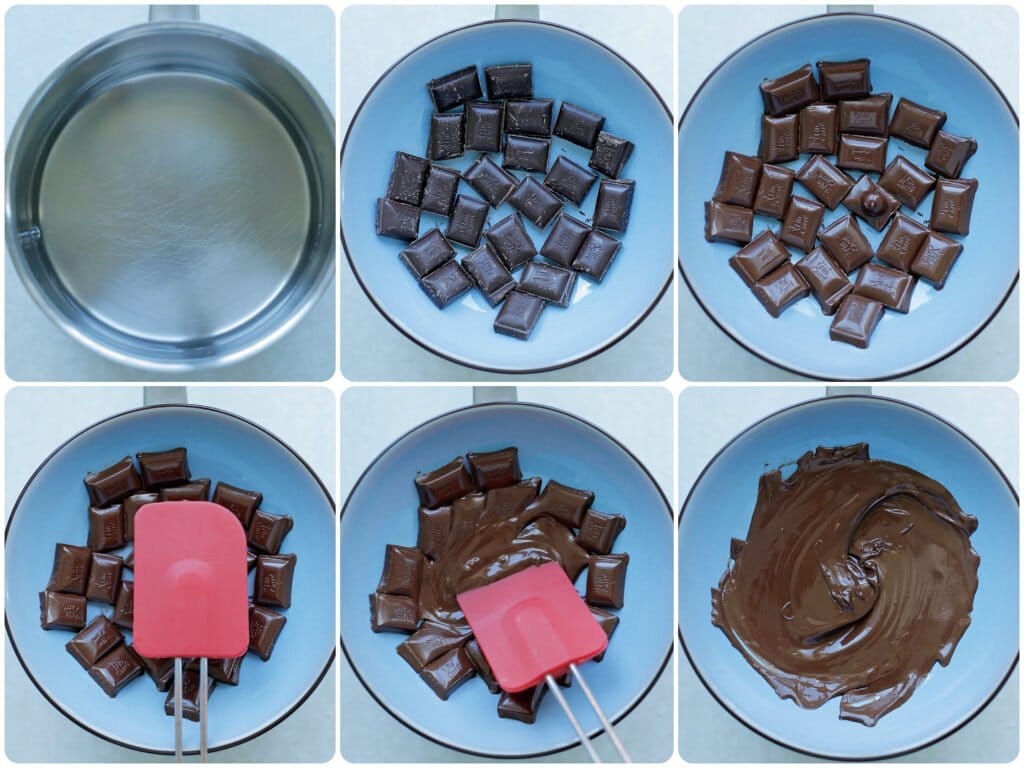 Smelt de pure chocolade au bain marie. Doe dit als volgt: Doe een laagje water (2 cm) in een steelpan en breng aan de kook. Neem een bord (iets groter dan de steelpan) en leg hier de stukgemaakte pure chocolade op. Leg het bord boven de steelpan met kokend water. Zorg ervoor dat deze boven het water hangt en dus niet het water raakt. Na een minuut of twee zie je dat de pure chocolade begint te smelten. Roer de pure chocolade tot een gladde massa. Laat op kamertemperatuur komen.
