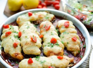 Aubergine met gehakt en aardappelpuree