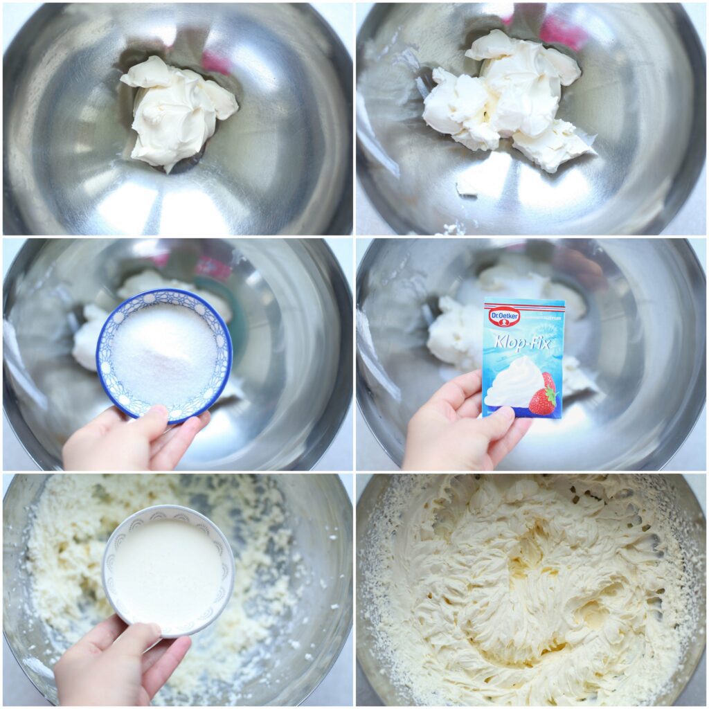 Doe de mascarpone samen met de suiker, vanillesuiker, klopfix en 50 ml ongeklopte slagroom in een diepe kom. Mix een minuut. Voeg en mix de ongeklopte slagroom (350 ml) een beetje bij beetje toe totdat deze stijf is.