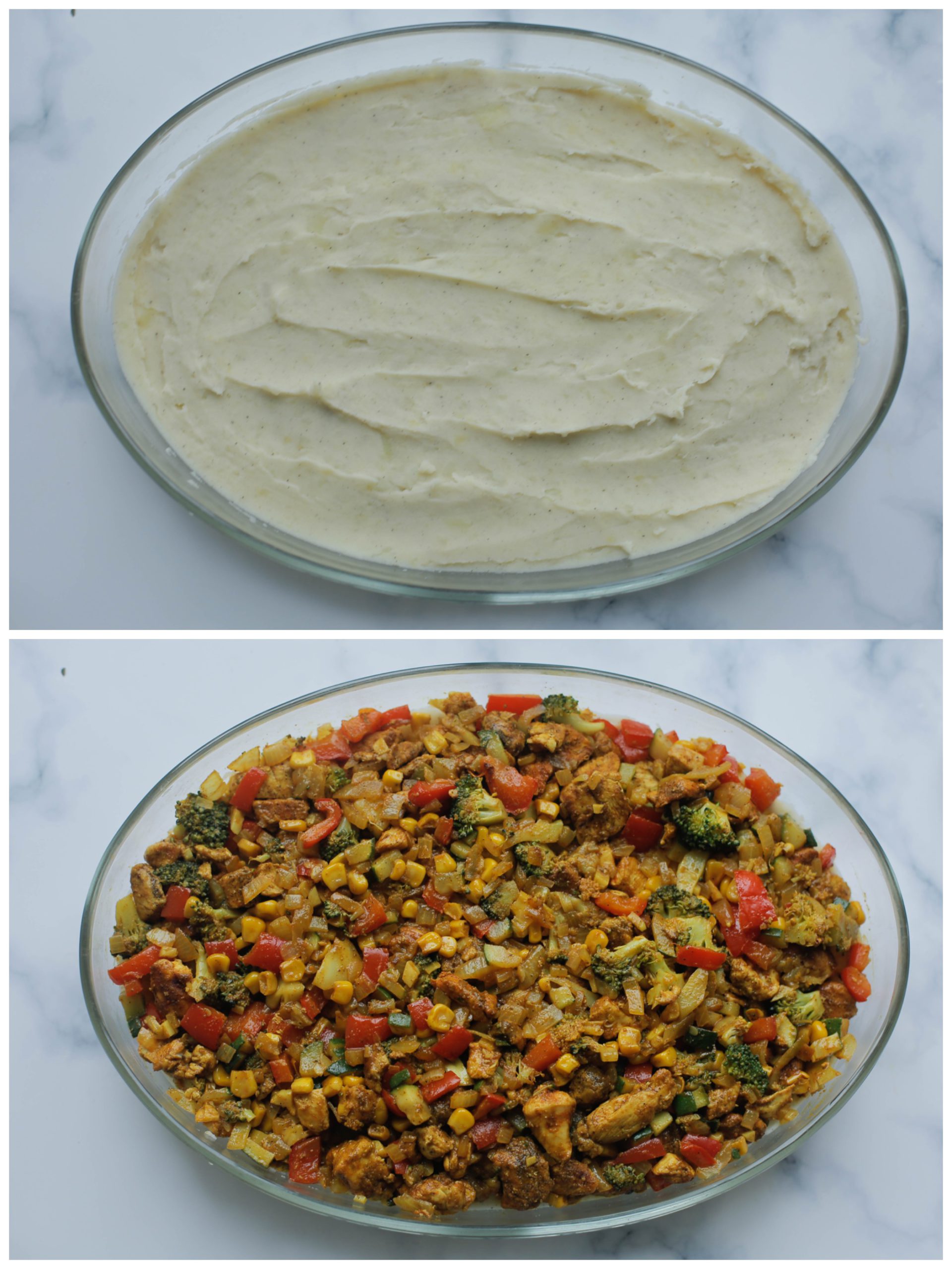 Aardappelpuree samen met kip in ovenschotel