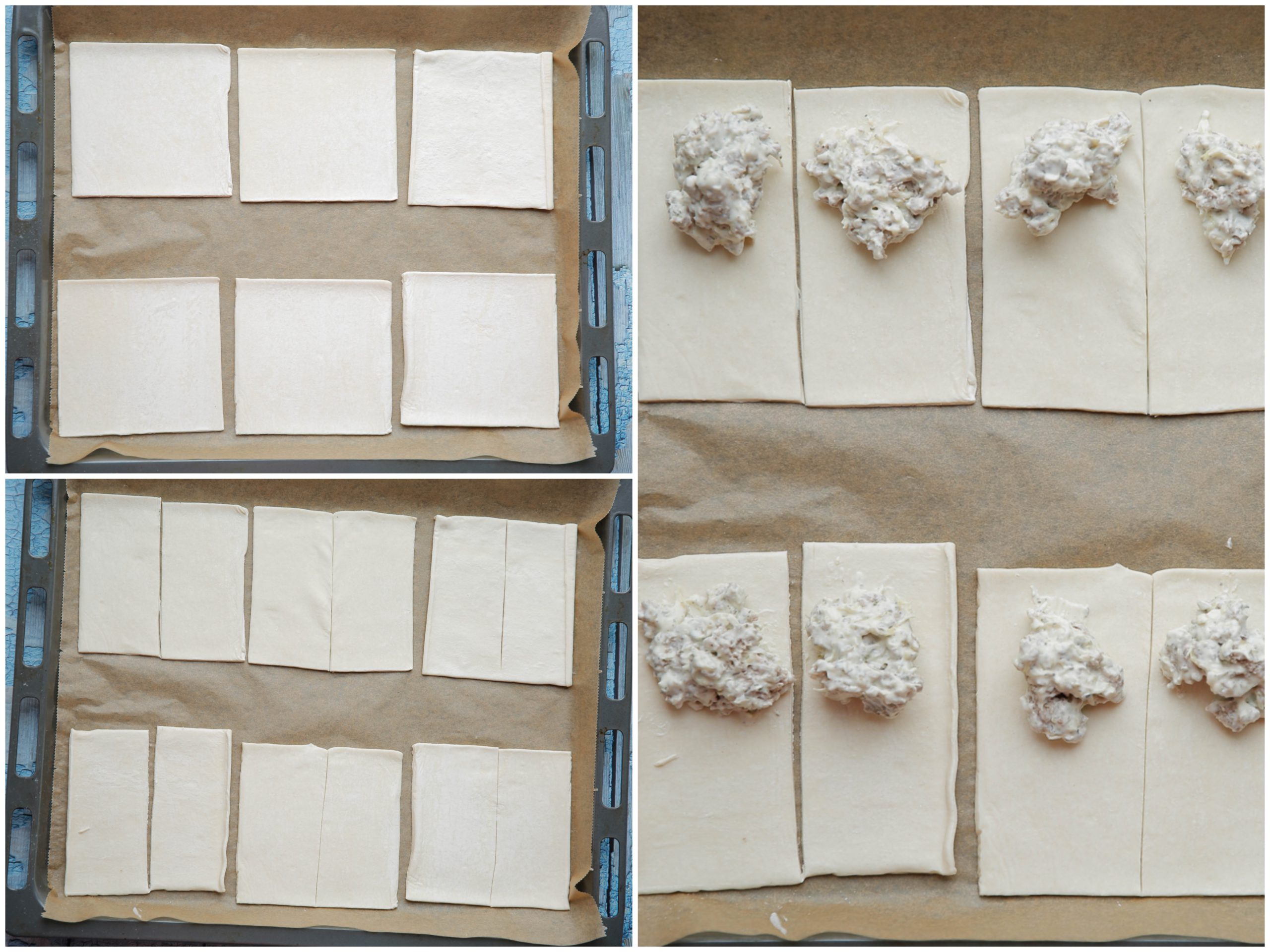 Bladerdeeg vullen met het knoflook-gehaktmengsel