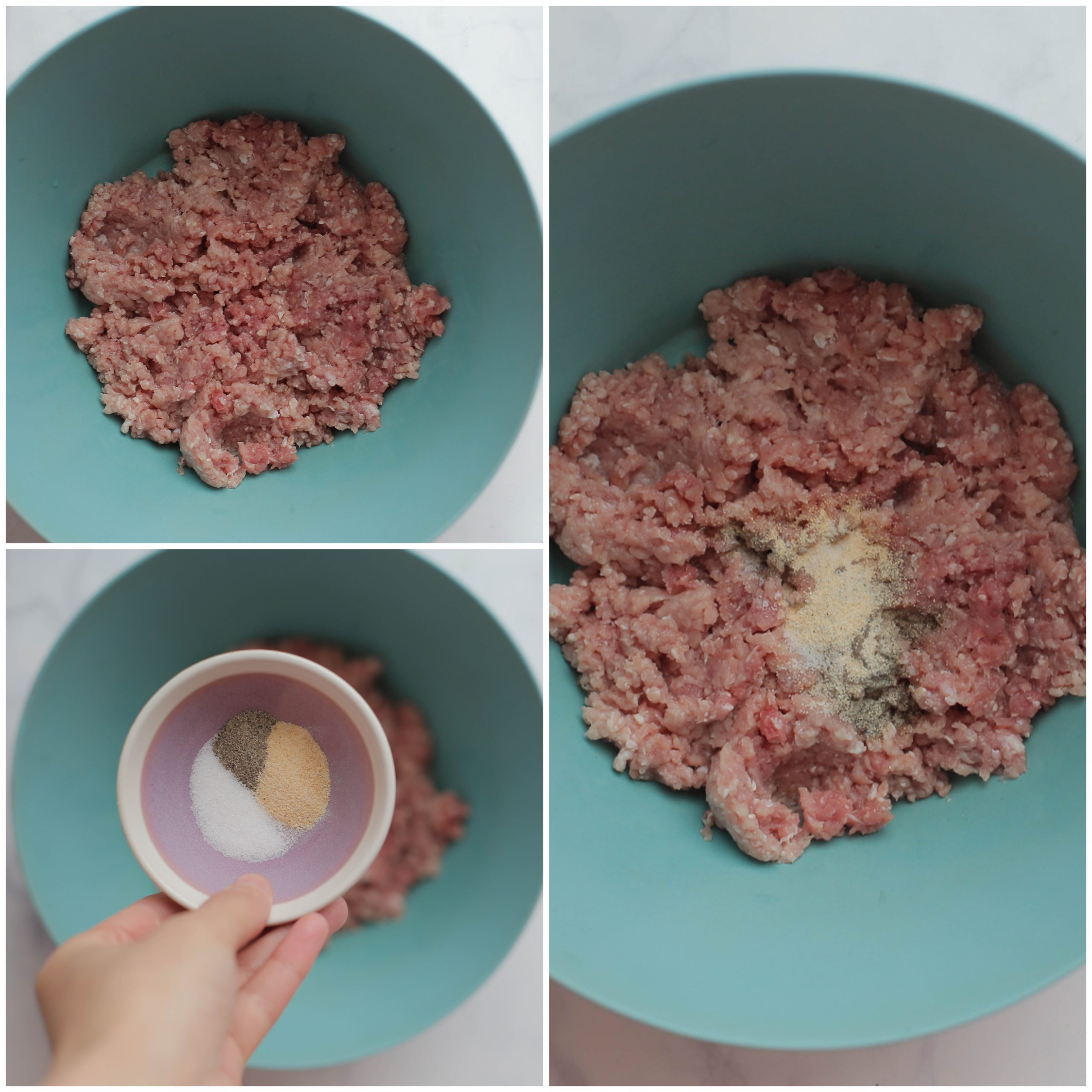 Gehakt op smaak brengen met zwarte peper, zout en knoflookpoeder