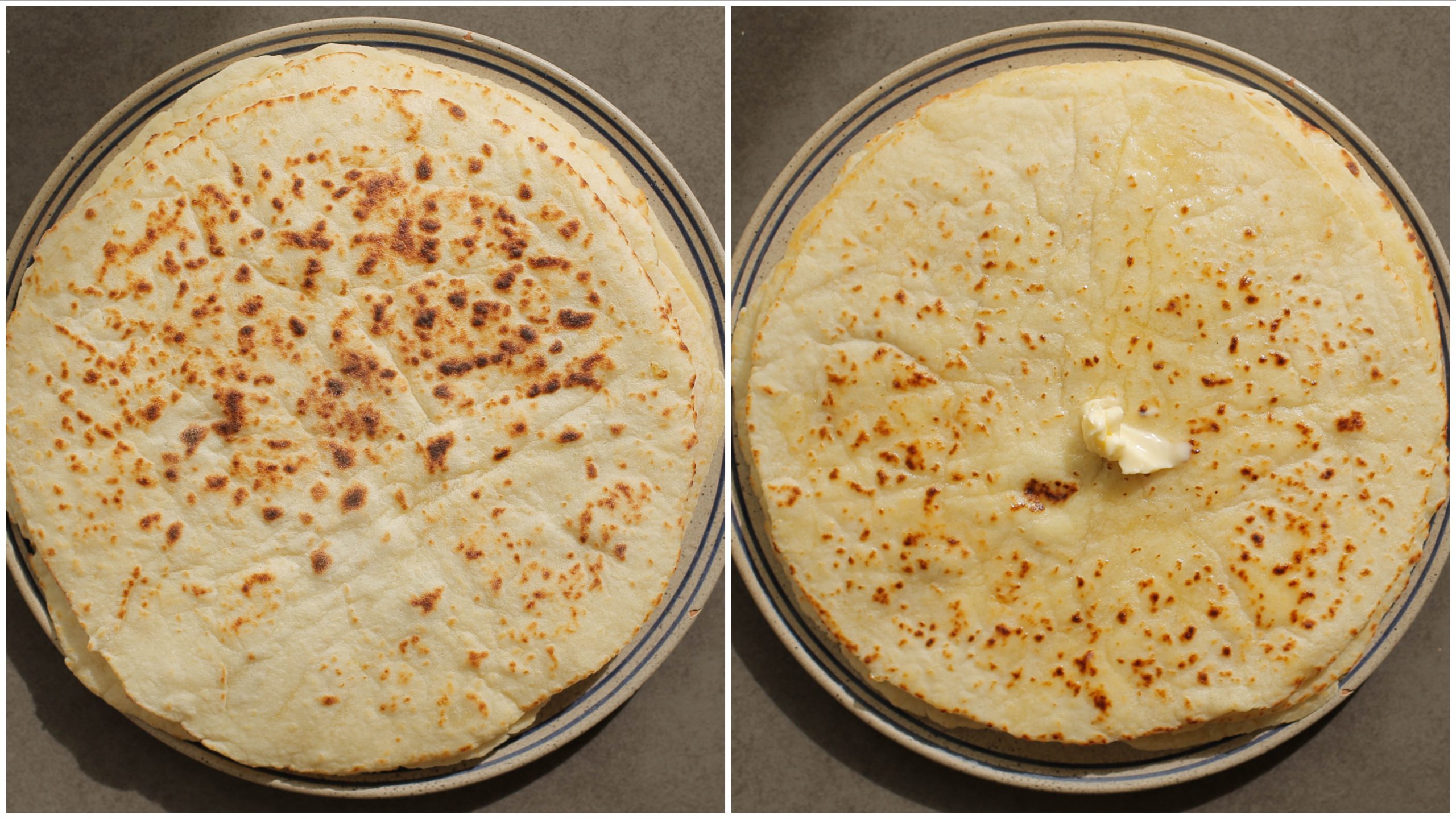 Aardappel naanbrood bestrijken met roomboter