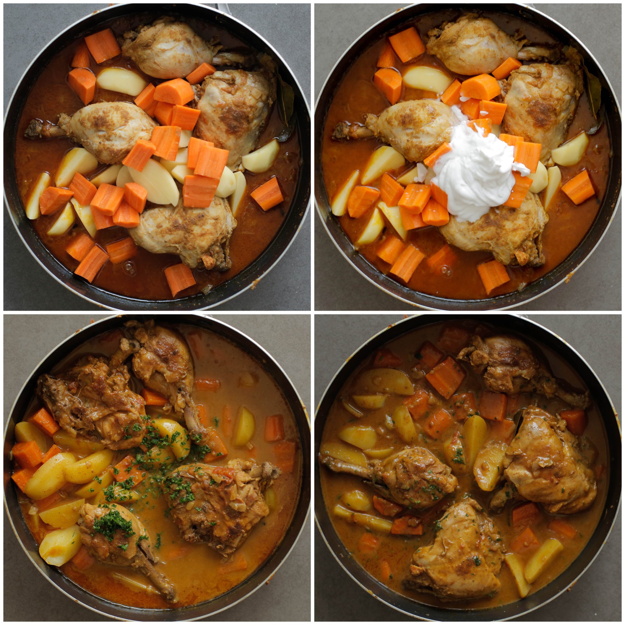 Aardappel, wortel,kokosmelk en peterselie koken met de kip