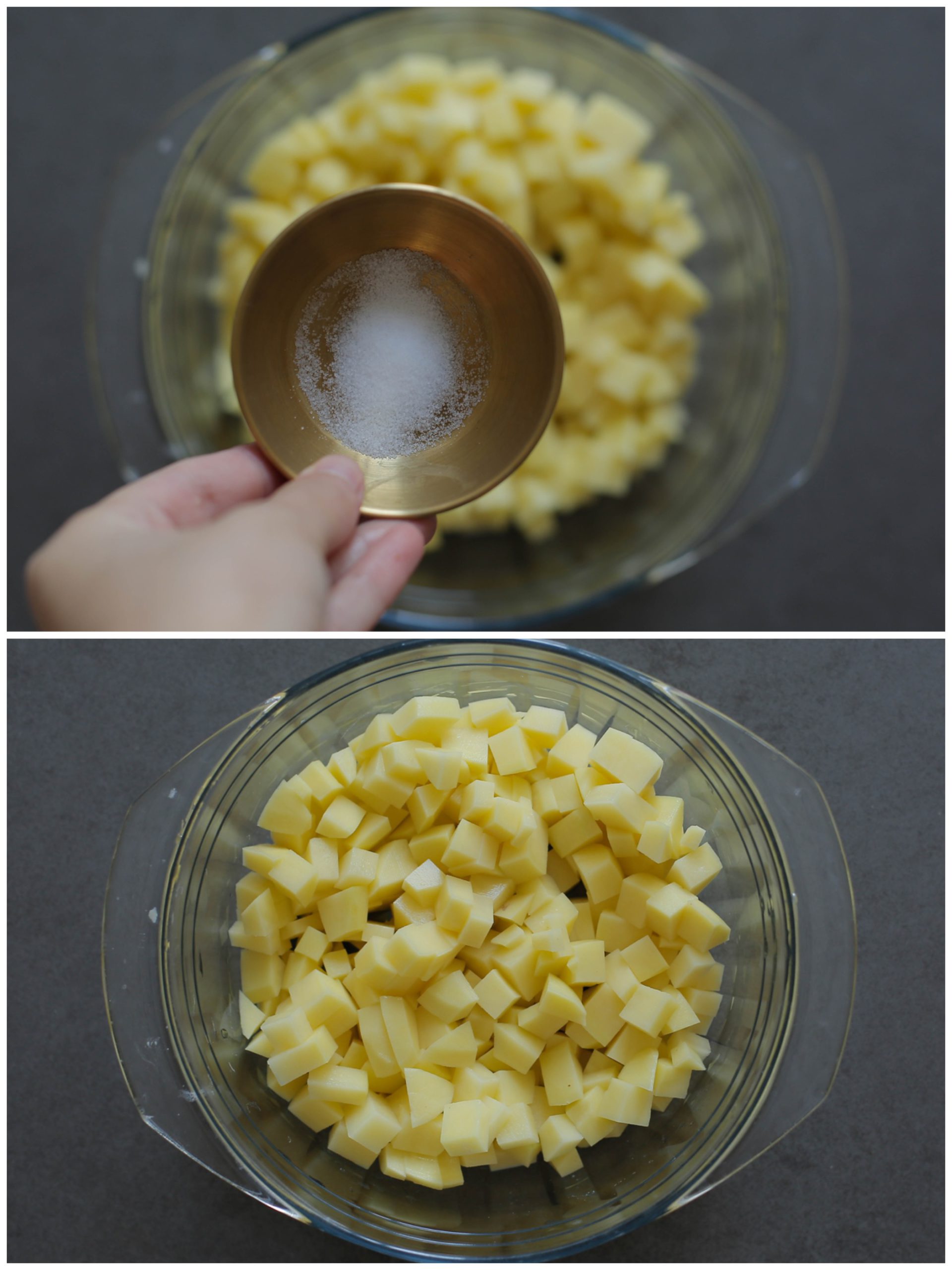 Aardappelblokjes op smaak brengen met zout