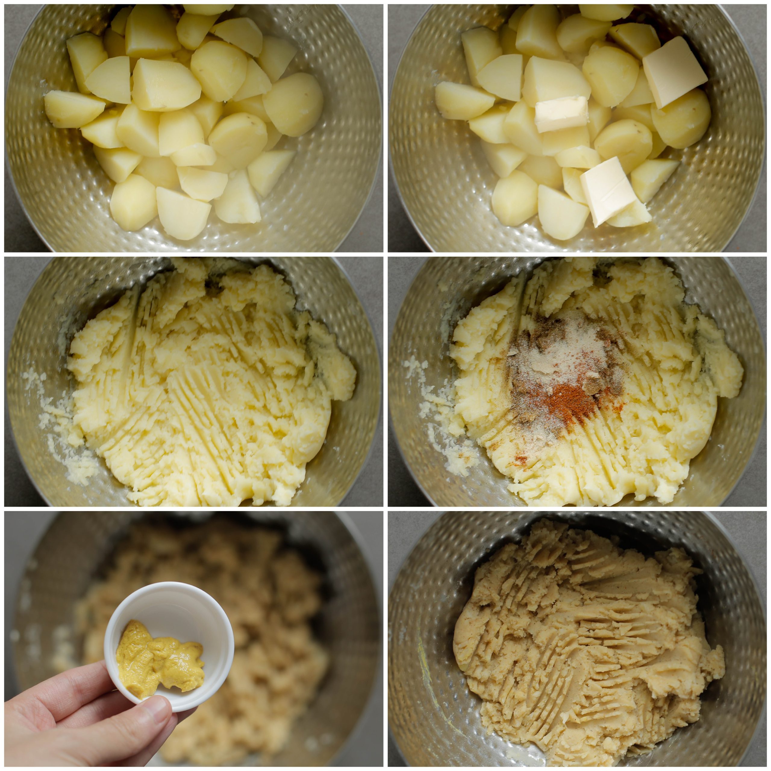 Aardappelmengsel mengen met roomboter, kruiden en mosterd