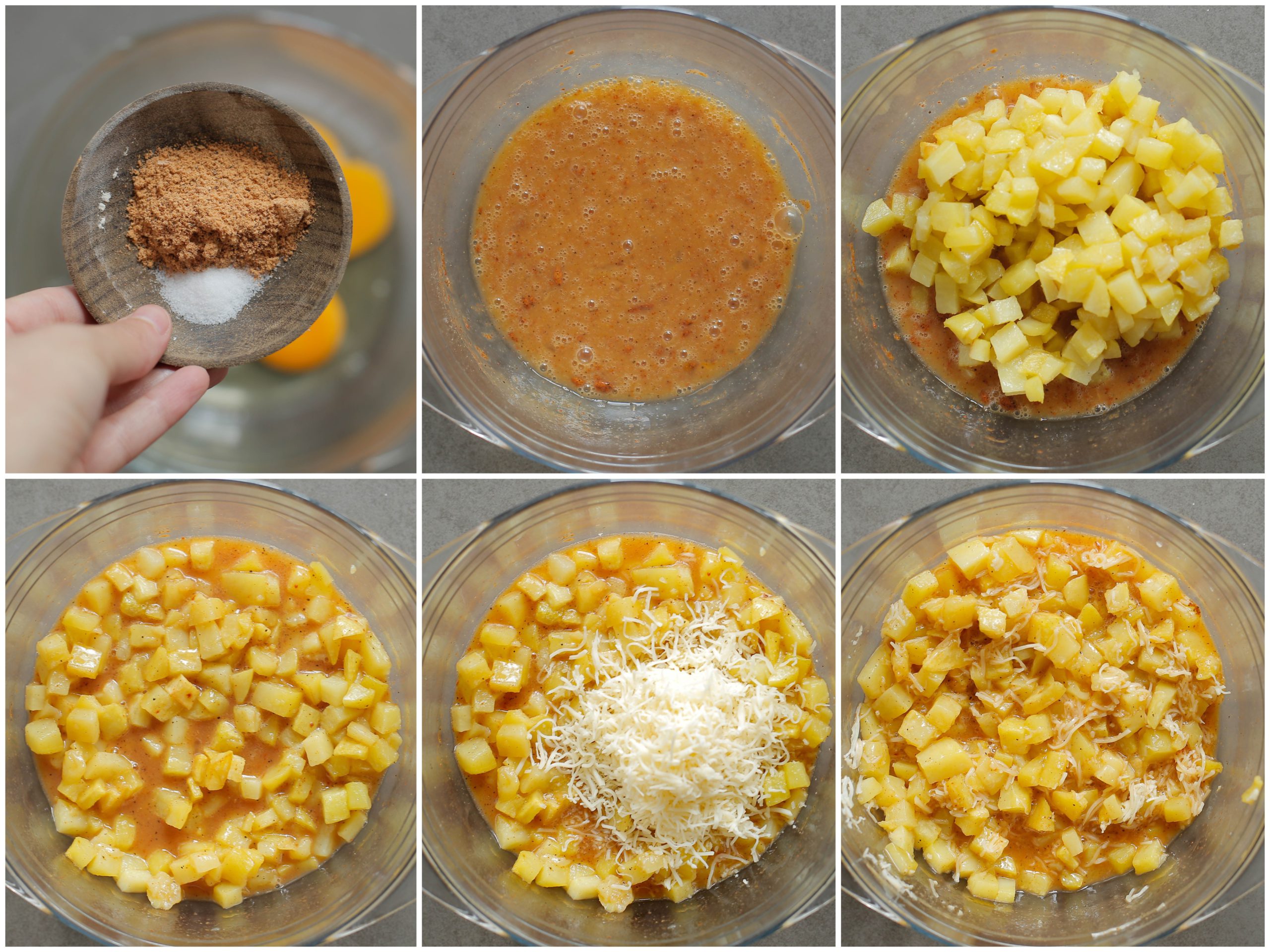 Aardappelmengsel met ei en geraspte kaas in een diepe kom