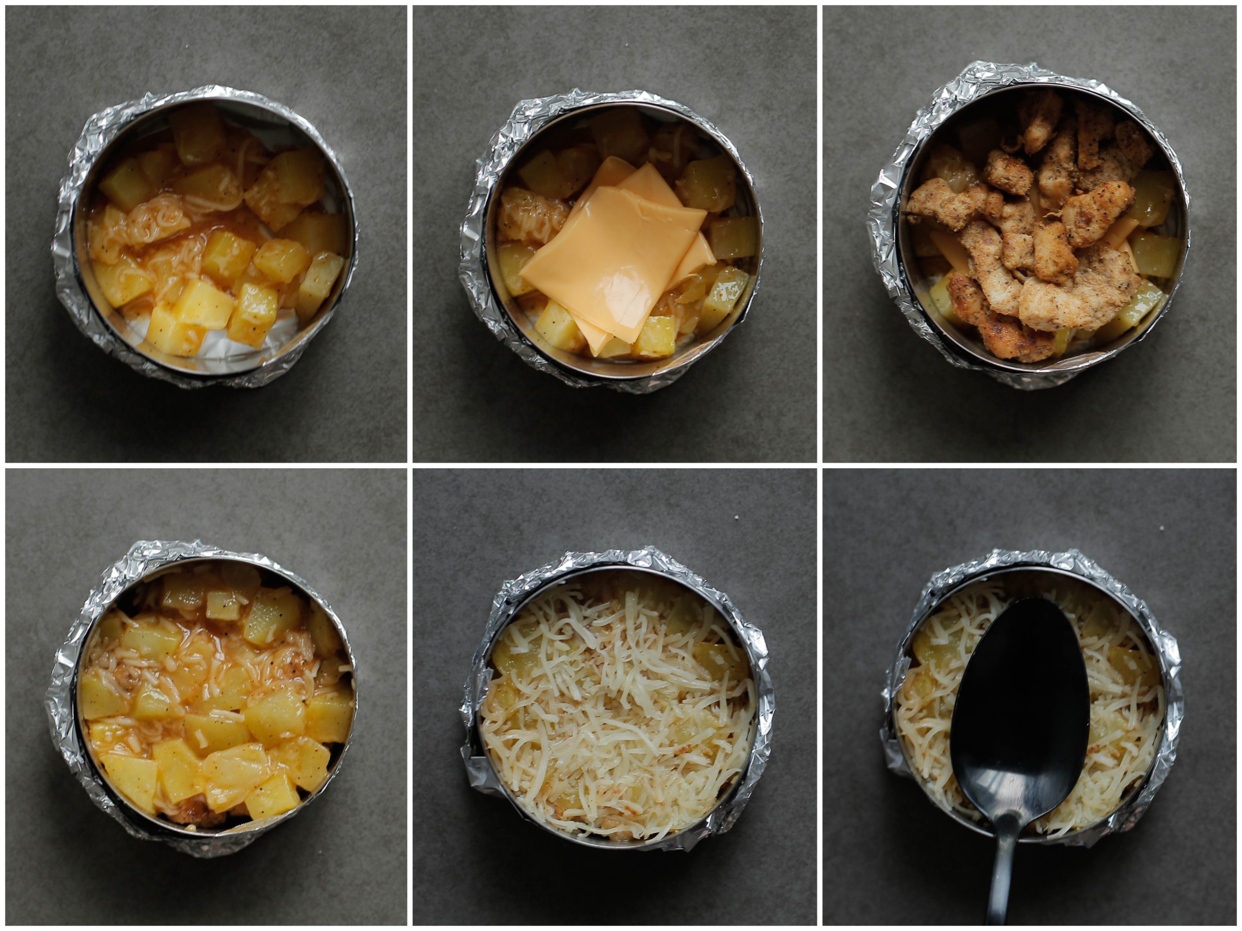 Aardappelmengsel vullen in een bakring met kaas en kip