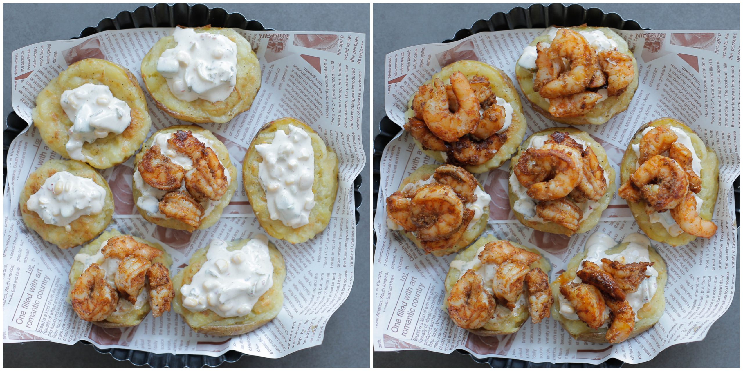 Aardappels garneren met saus en garnalen