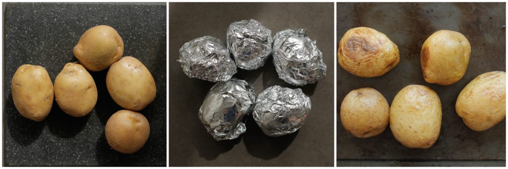 Was de aardappels. Neem een vel aluminiumfolie en pak elk apart goed in. Leg in een voorverwarmde oven op 220 graden voor 55-60 minuten of tot de aardappels gaar zijn. Prik met een vork om te kijken of het gaar is. Gaat de vork er snel doorheen, dan zijn ze gaar.