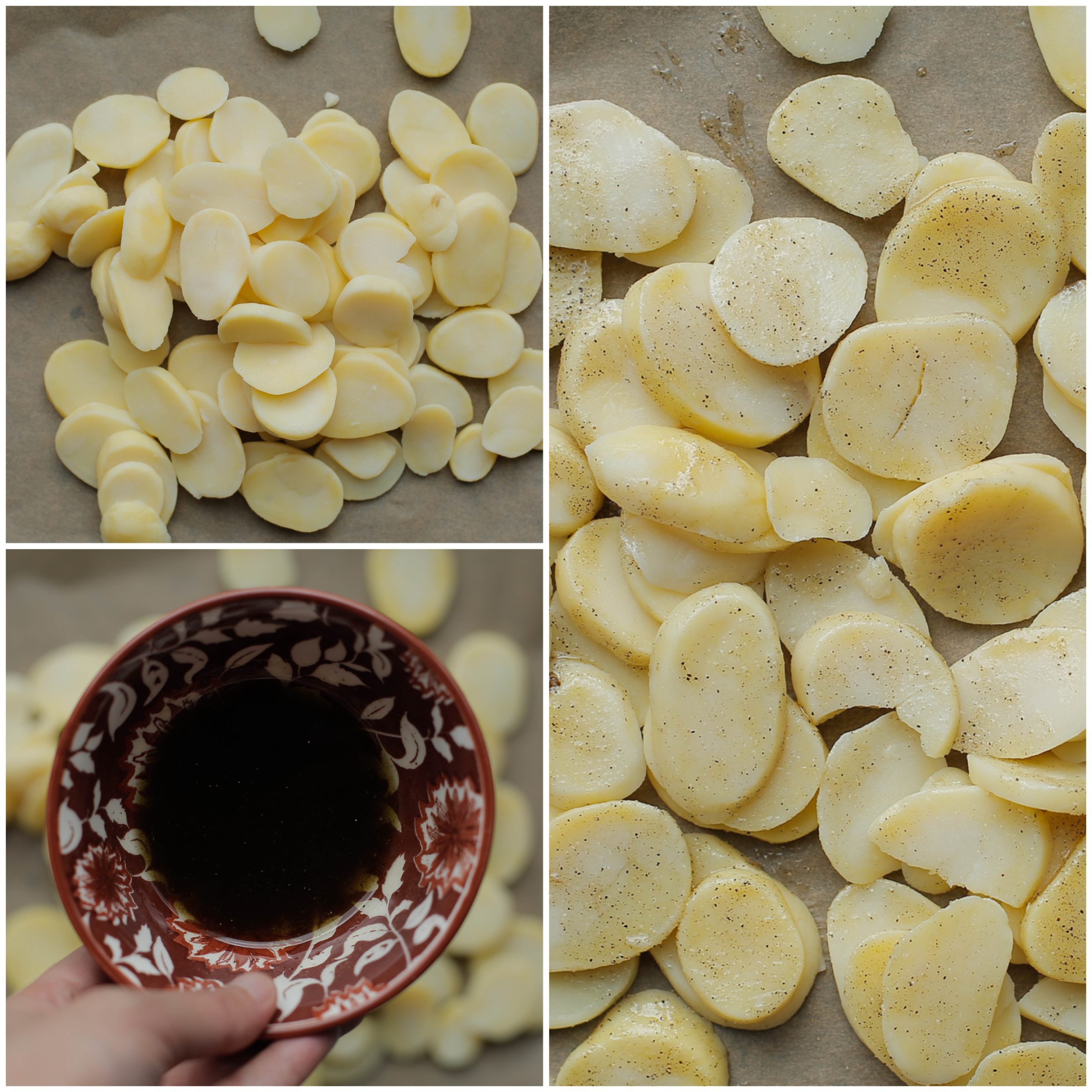 Aardappelschijven insmeren met het olijfoliemengsel