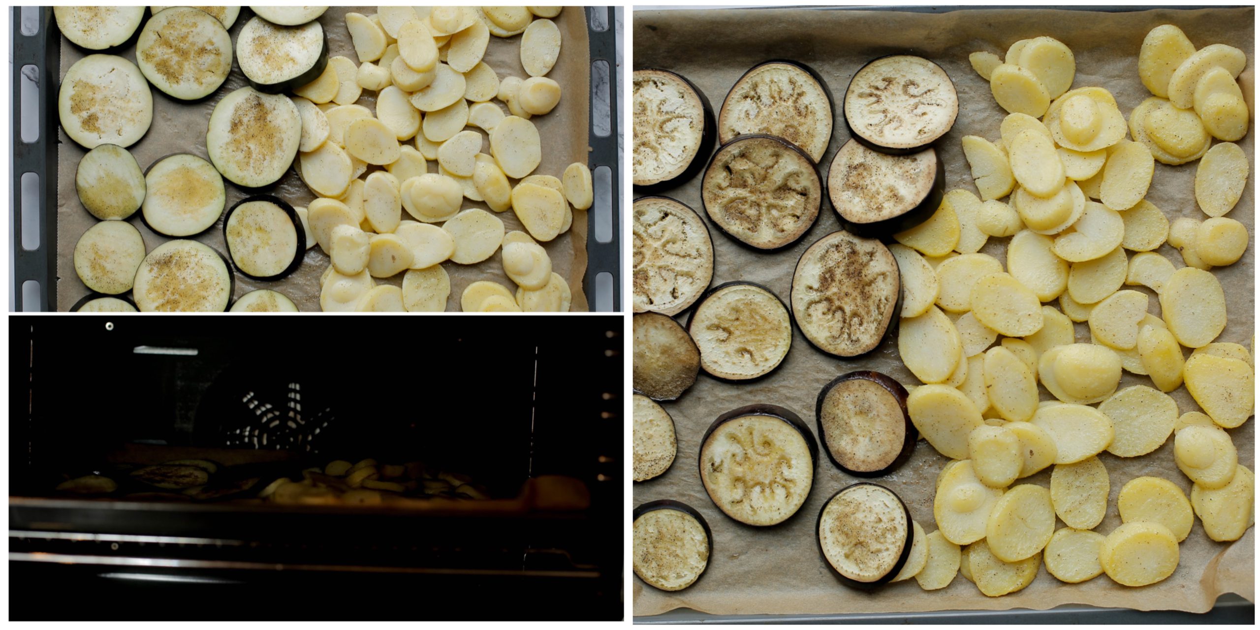 Aardappelschijven samen met aubergineplakjes in de oven bakken
