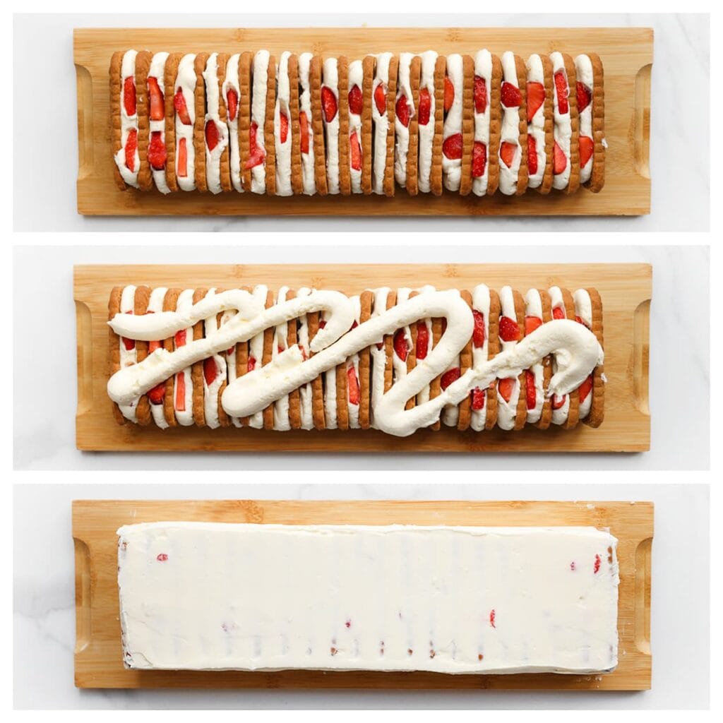 Snijd de aardbeien in dunne plakjes. Verdeel de dunne plakjes aardbei gelijkmatig tussen de koekjes voor een frisse en kleurrijke laag. Spuit wat room bovenop de koekjes en smeer deze gelijkmatig uit. Dek de speculoostaart af en plaats deze in de koelkast gedurende minimaal 6 uur, bij voorkeur een hele nacht, zodat de koekjes goed zacht kunnen worden.