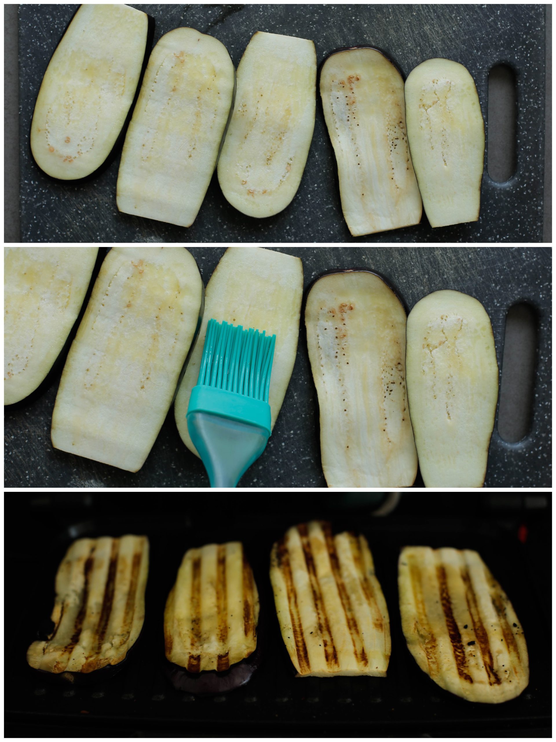 Aubergine snijden in lange plakken en grillen