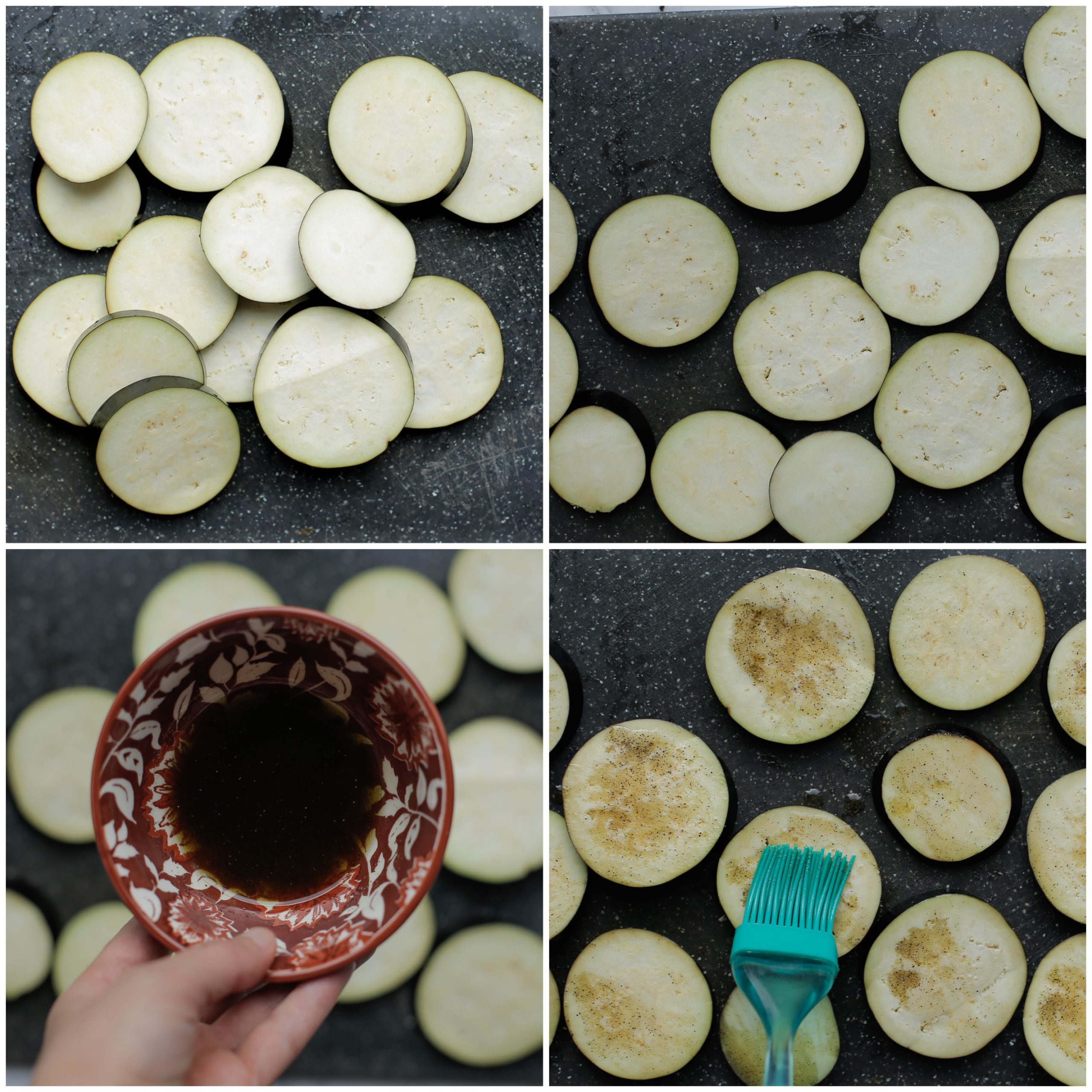 Aubergineplakjes insmeren met het olijfoliemengsel