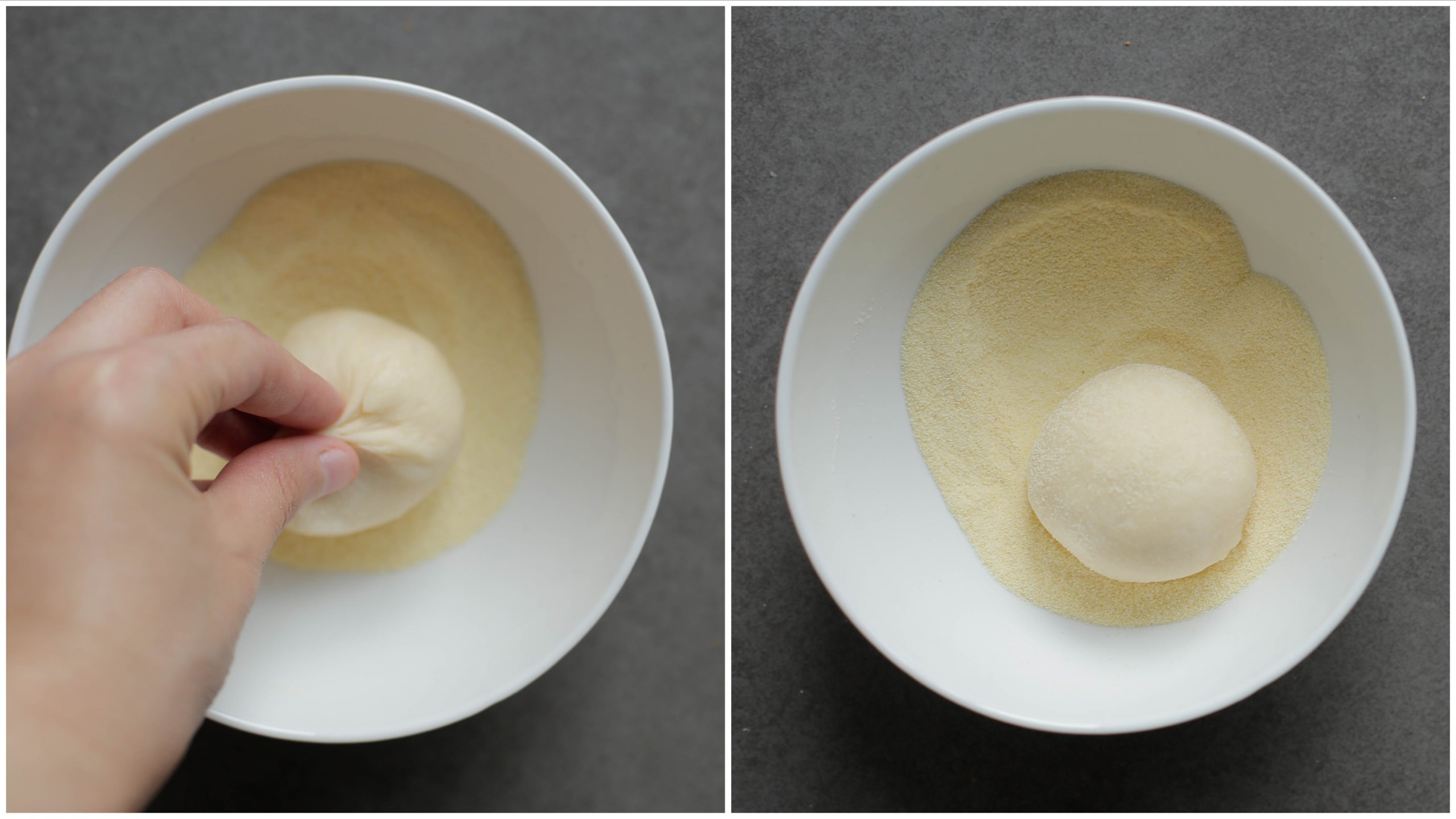 Bolletje deeg door de fijne griesmeel halen