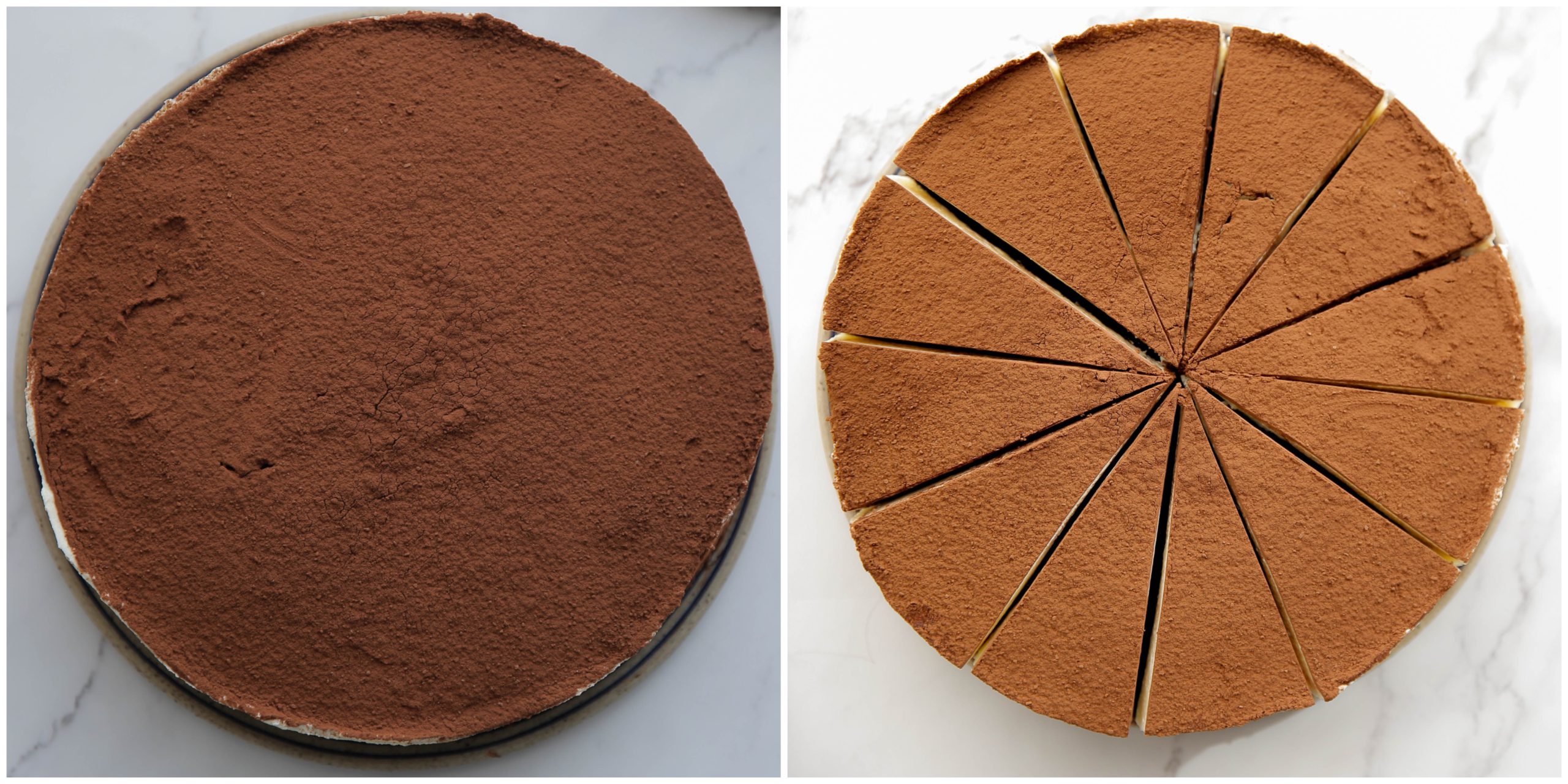 Cacaopoeder over de cake heen en in mooie scherpe punten snijden
