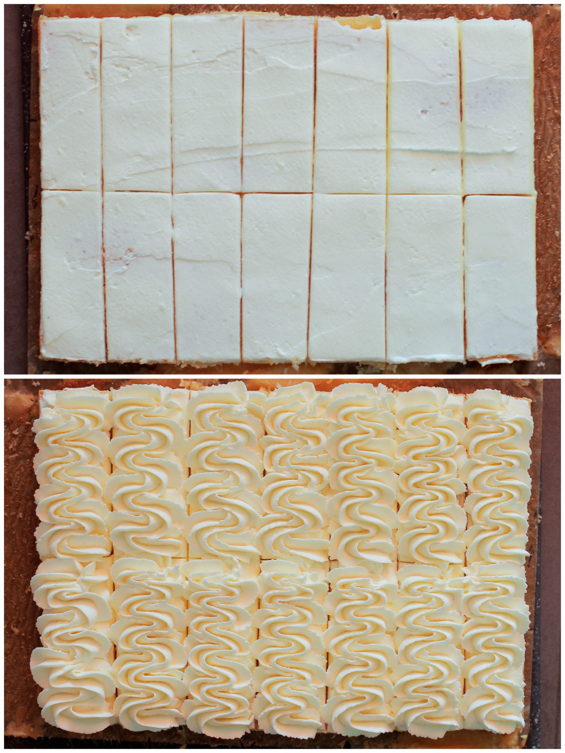 Cake met gele room aansnijden in stukken en toefjes room