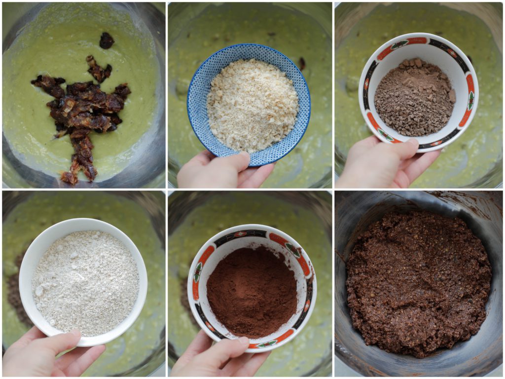Voeg de dadels, gehakte hazelnoot, pure chocolade, havermout, bakpoeder en cacao toe. Voeg het water toe en mix tot een geheel.