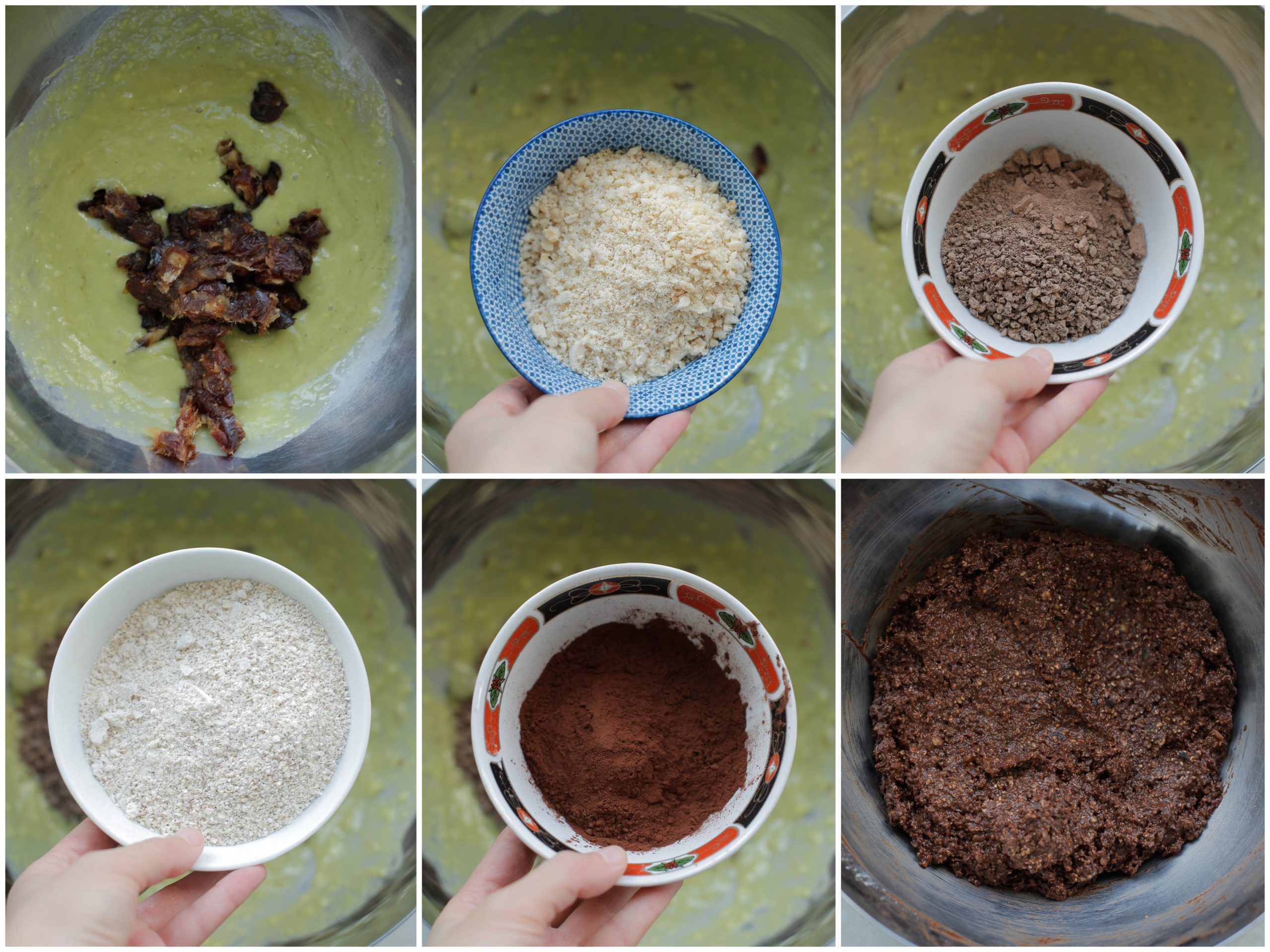 Dadels, havermout, chocolade, hazelnoten en cacaopoeder mengen tot een stevige massa