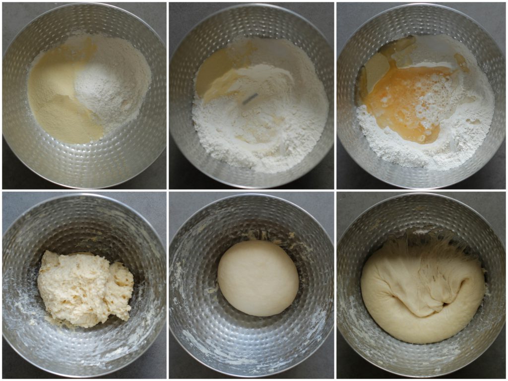 Doe de bloem samen met het fijne griesmeel, de gist, suiker, het zout, de zonnebloemolie, het geklutst ei en water in een diepe kom. Kneed 10-15 minuten tot een samenhangend deeg. Het deeg is soepel. Dek het deeg af en laat het op een warme plek rijzen voor een uur of tot het in omvang is verdubbeld.