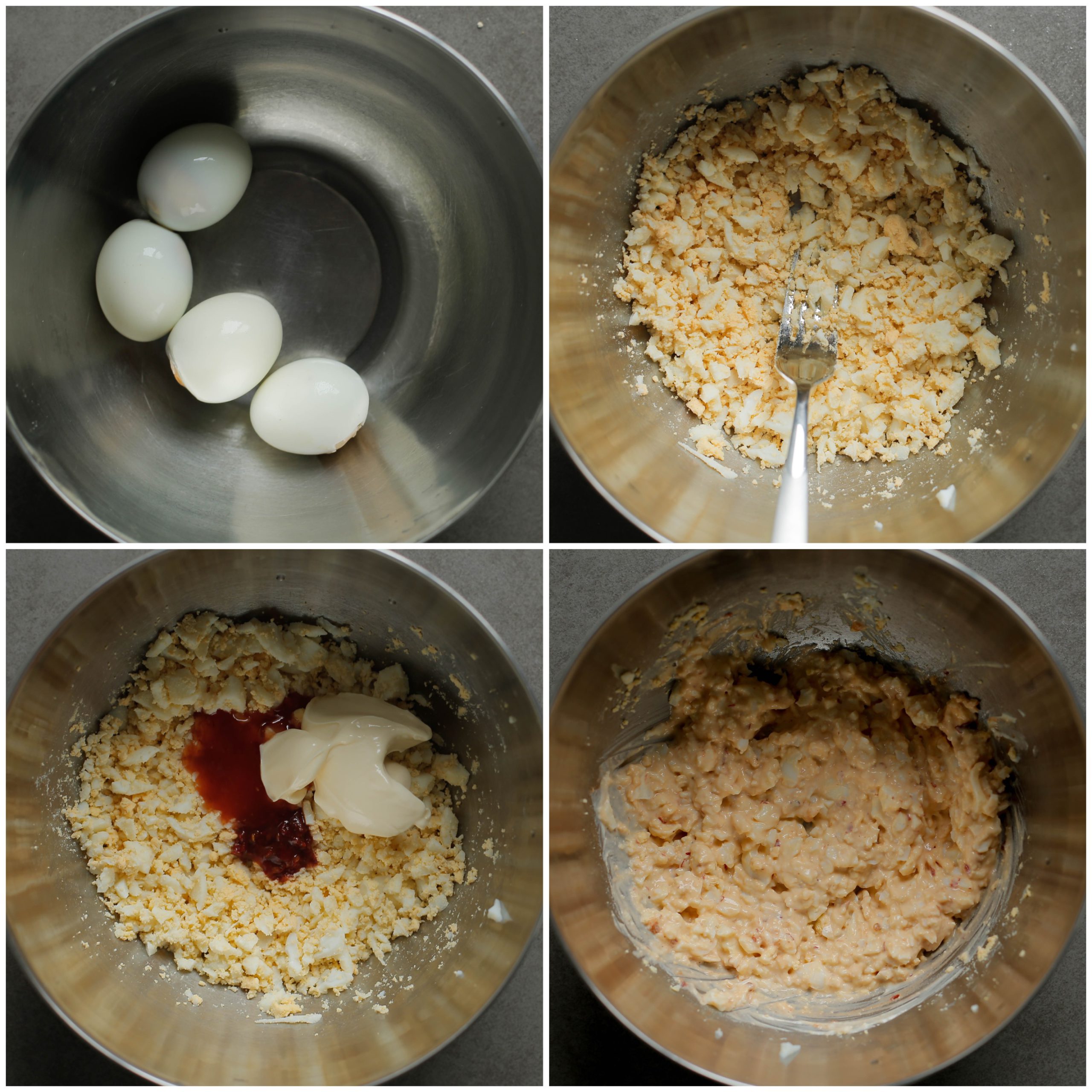 Eiersalade mengen in een diepe kom