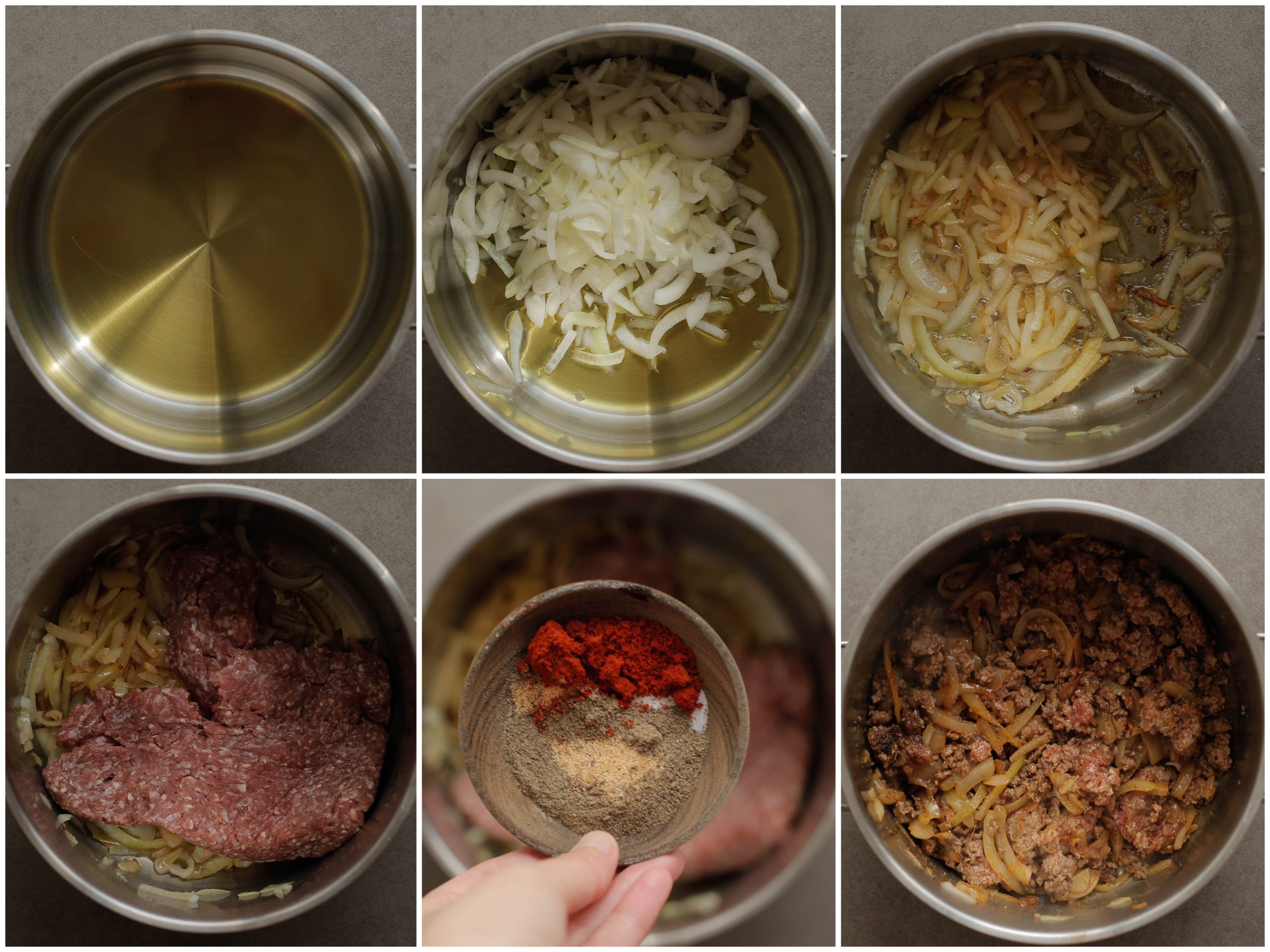 Gehakt bakken in een pan met gele ui en kruiden