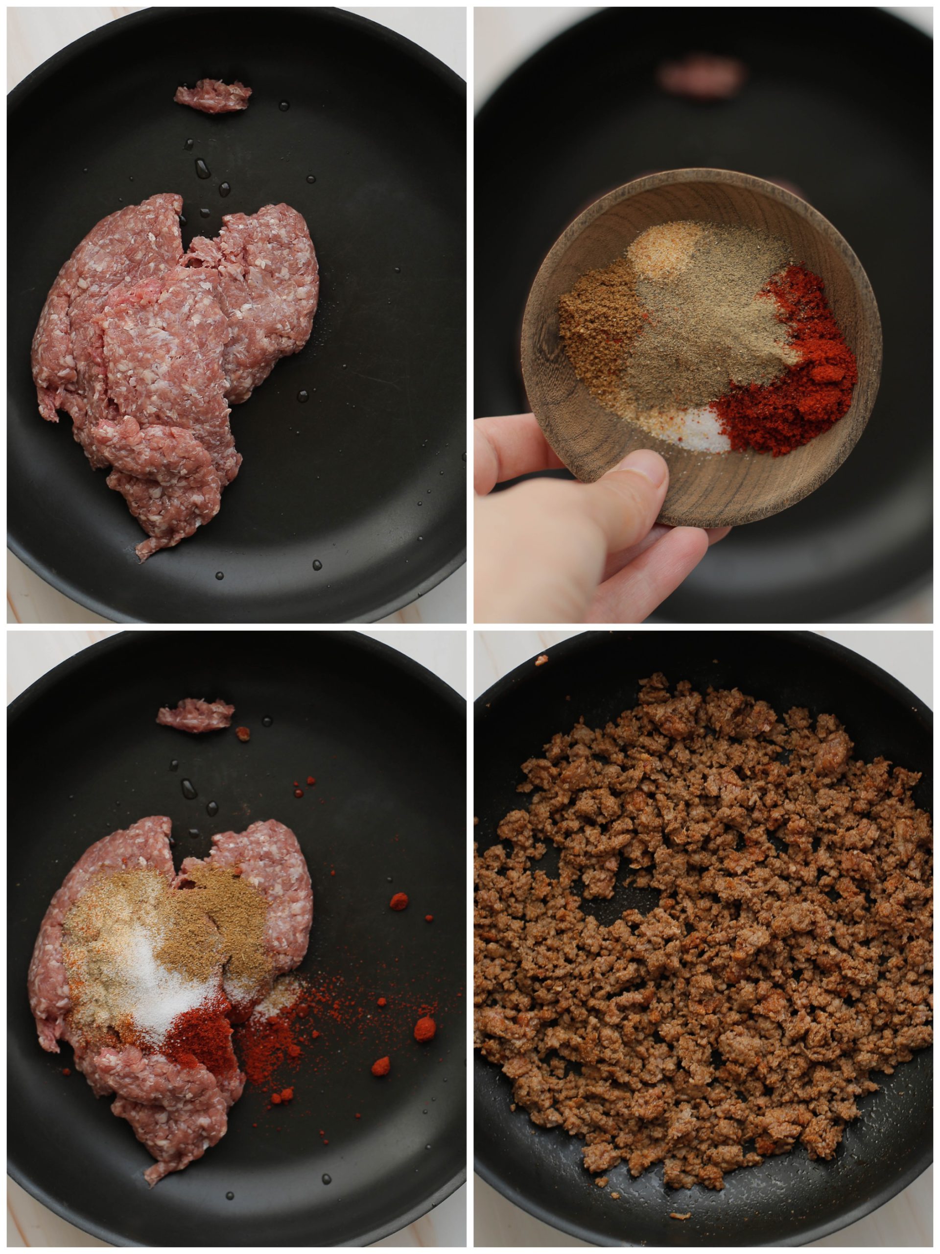 Gehakt en kruiden in een pan bakken