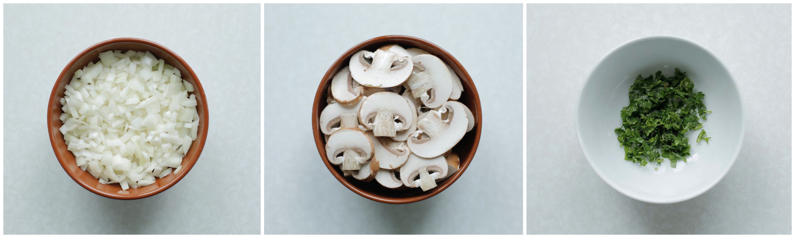 Gele ui, peterselie en kastanjechampignons snijden