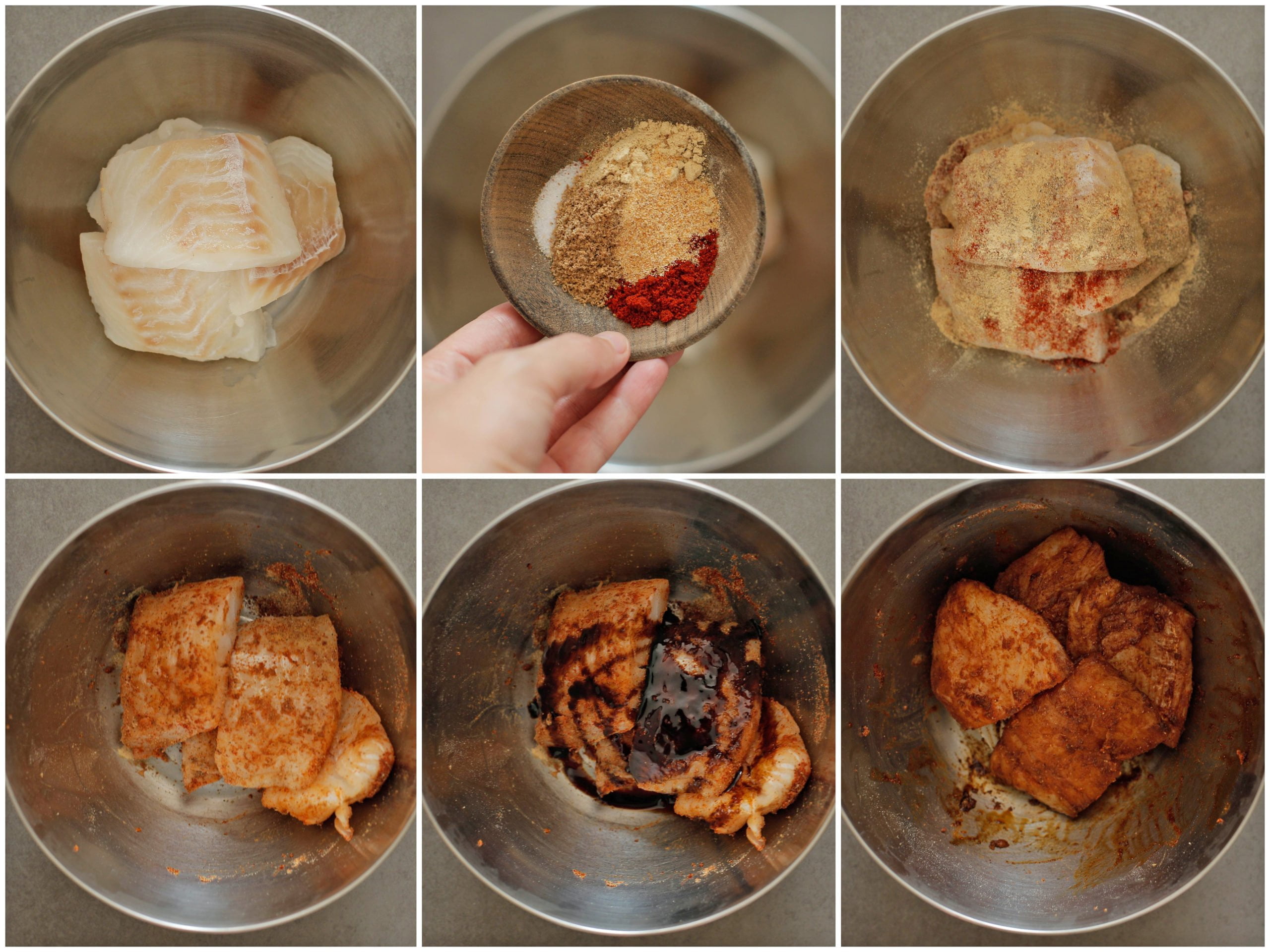 Kabeljauw met kruiden en ketjap manis in een kom