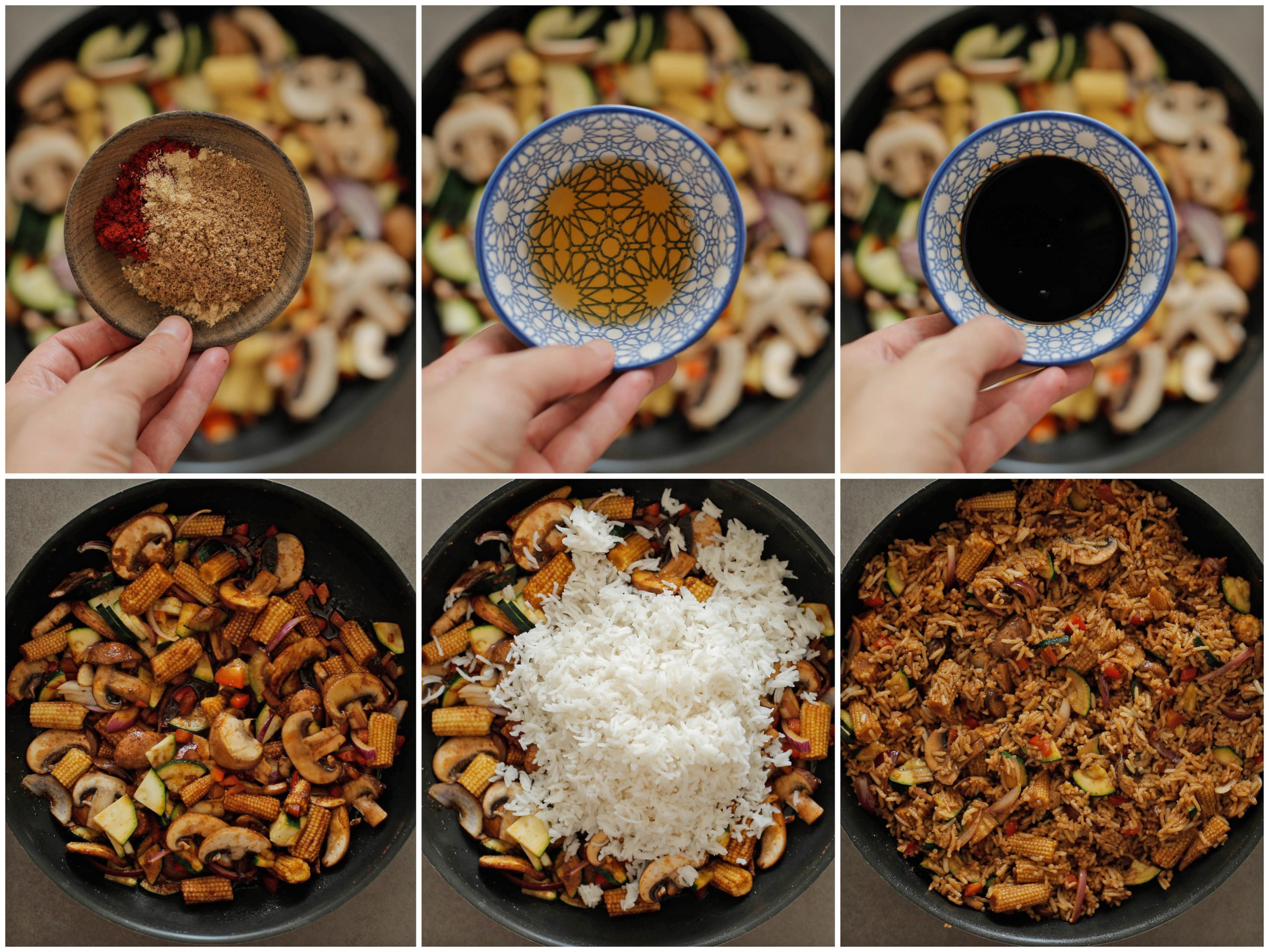 Kruiden, ketjap manis, visssaus en rijst toevoegen aan de groenten in een pan