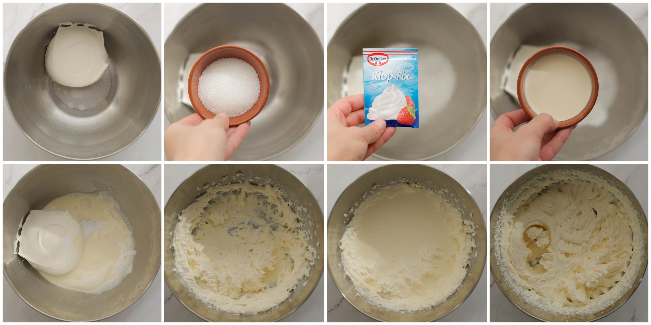 Mascarpone, suiker, klopfix, slagroom mixen tot stevige room