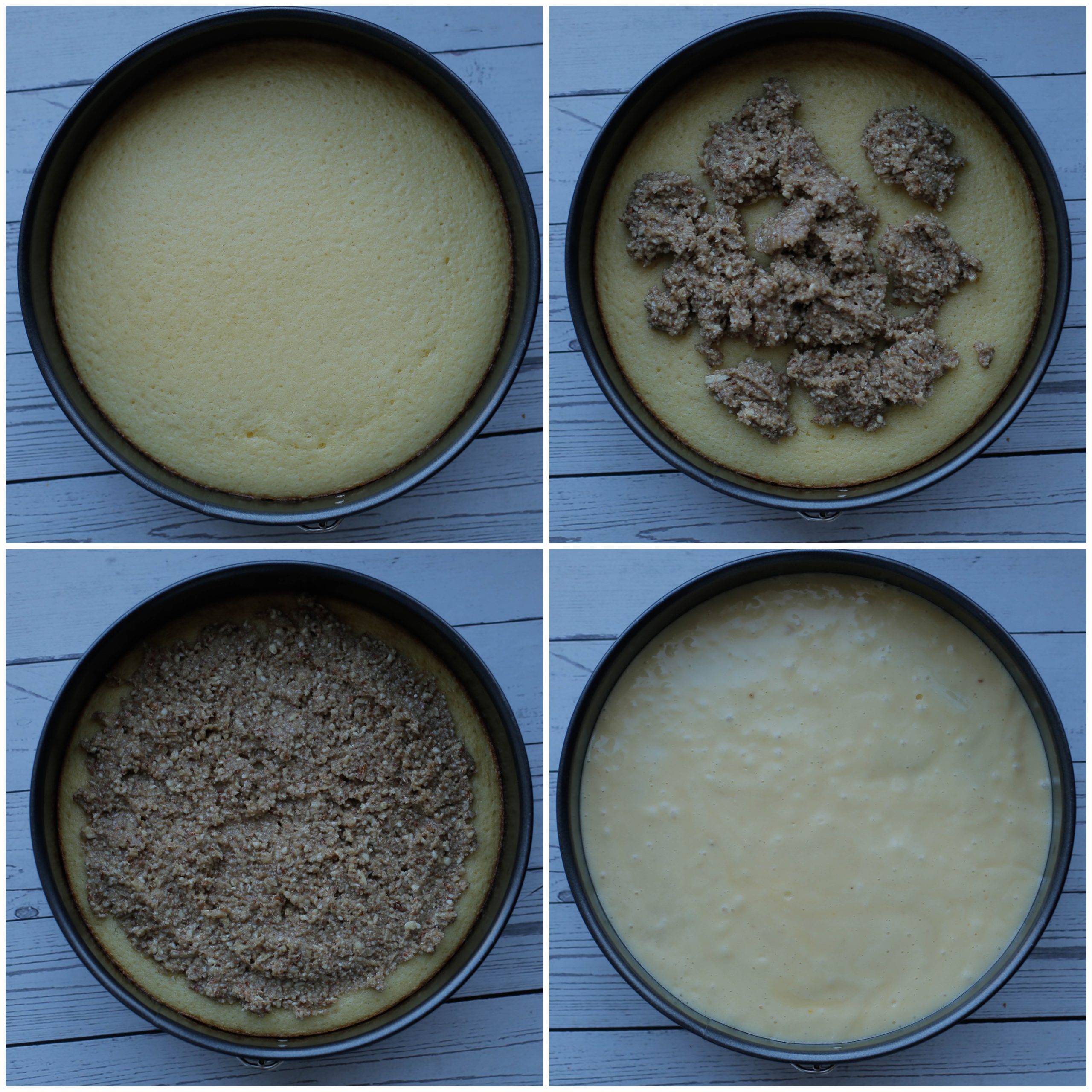 Notenvulling uitsmeren over de cake en het overige cakebeslag toevoegen