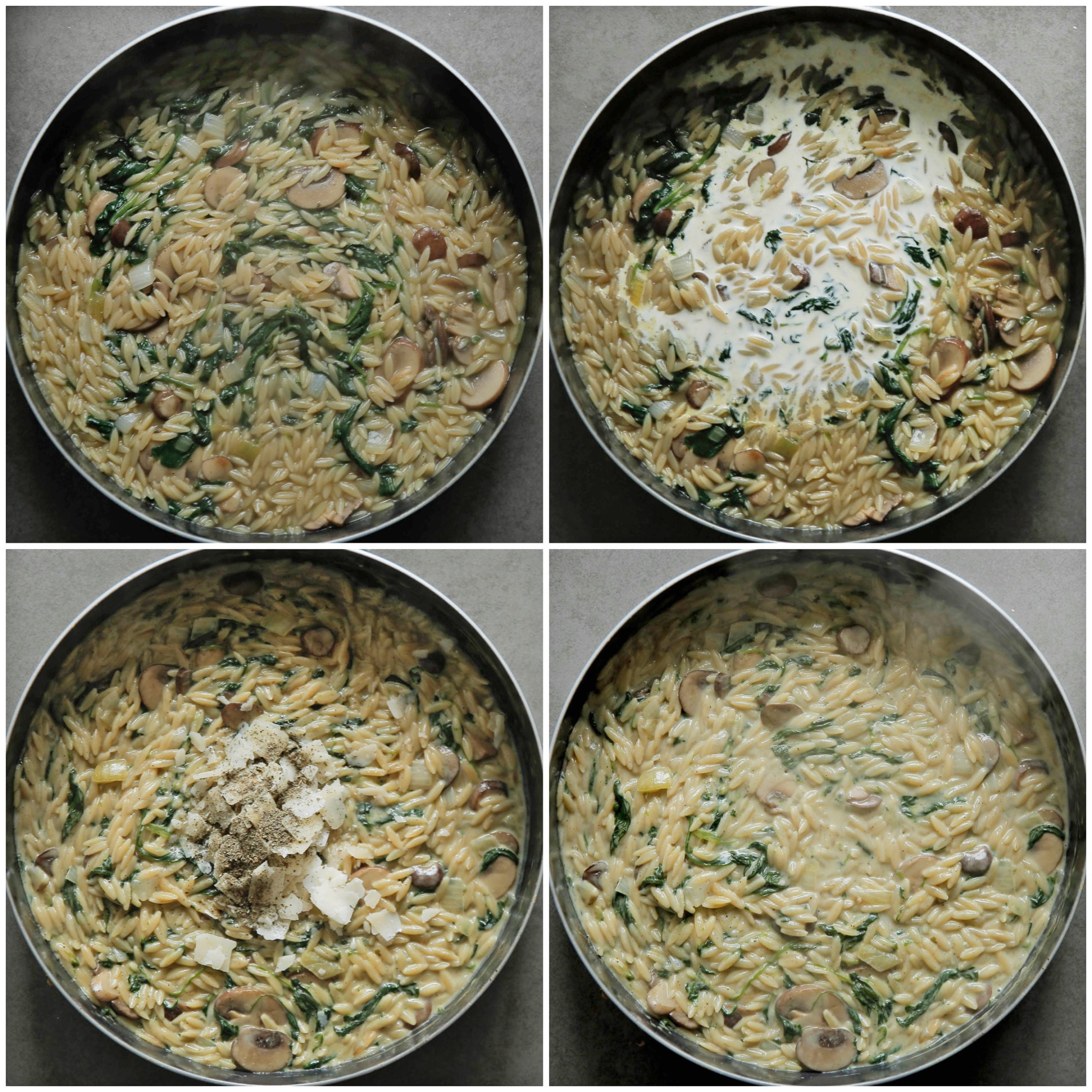 Orzo koken met ongeklopte slagroom, parmezaanse kaasvlokken en basilicum