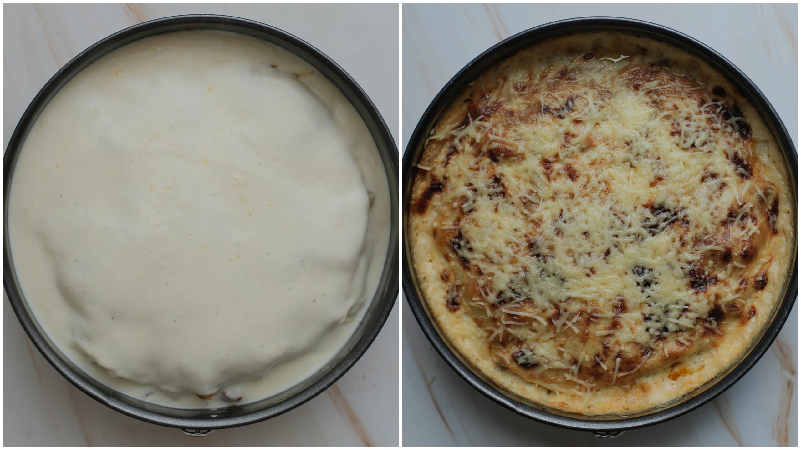 Pannenkoeken met bechamelsaus in de oven gaar bakken