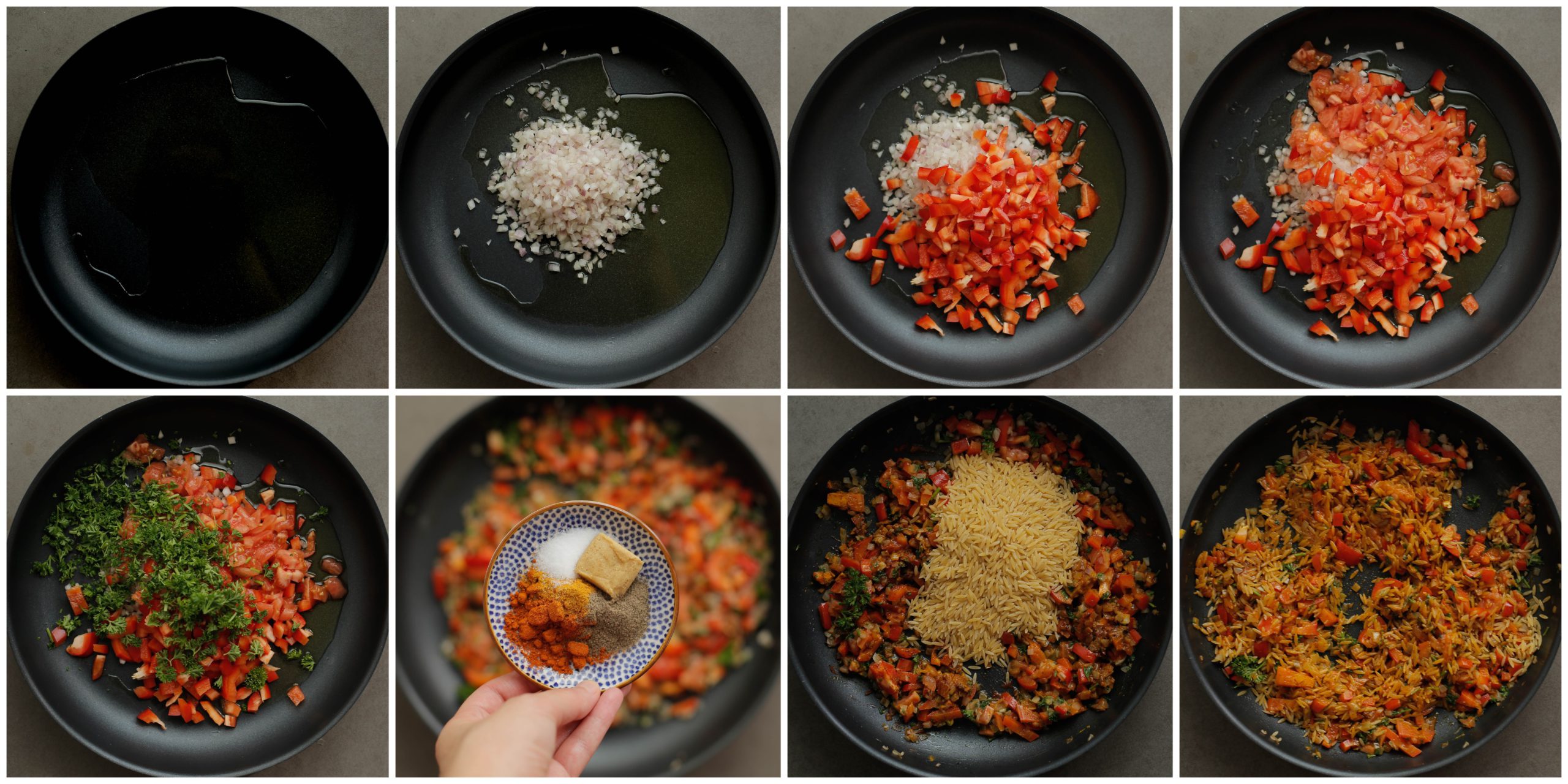 Rode ui, paprika, tomaat, peterselie, kruiden en orzo bakken in olijfolie